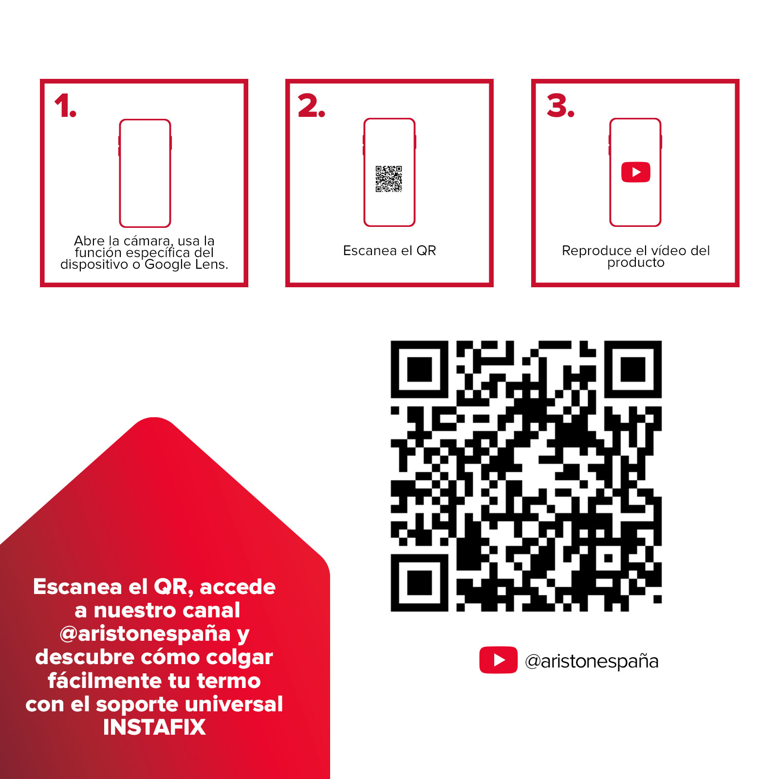 Instrucciones con códigos QR y un logo para acceder a un video.
