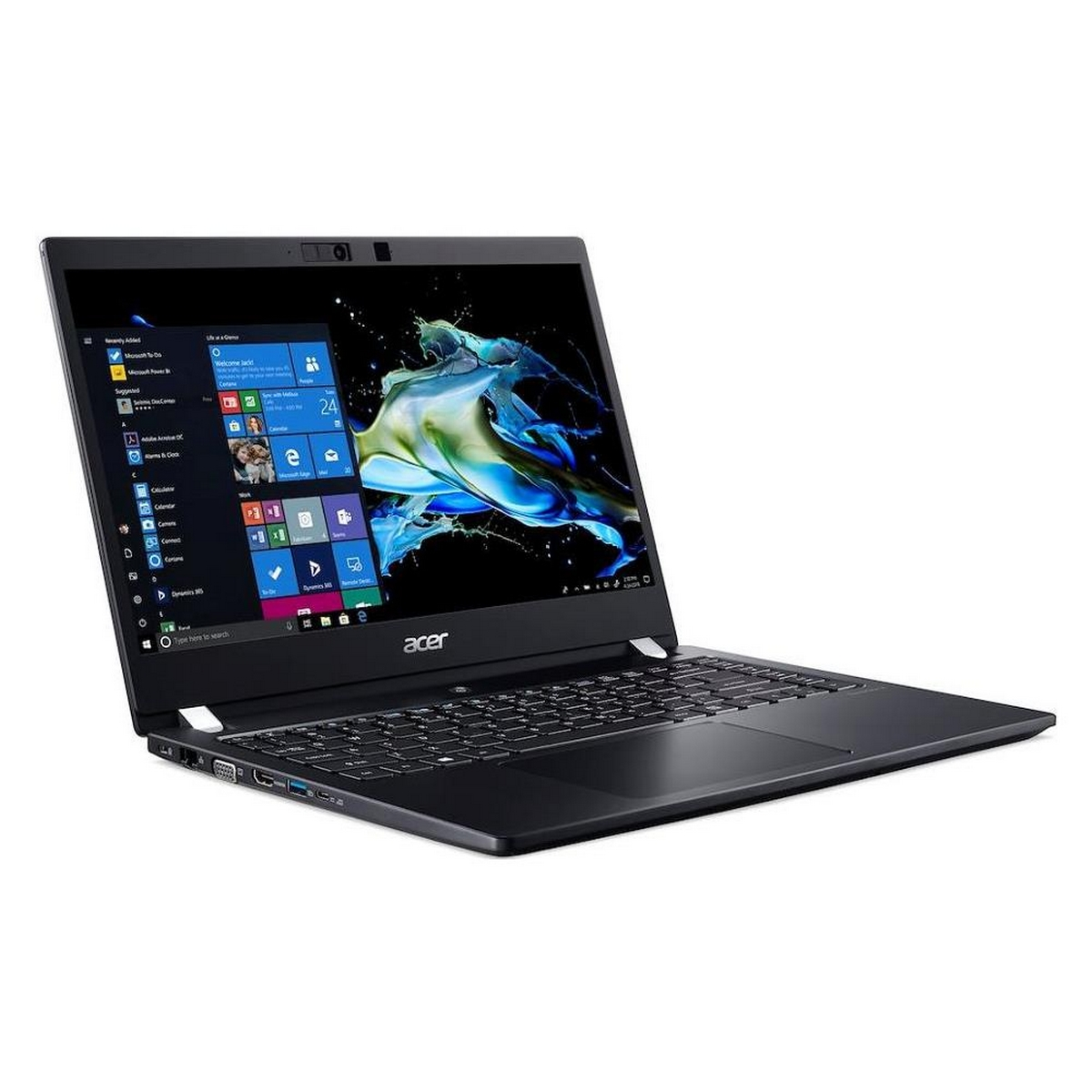 Laptop Acer nero, aperto su superficie bianca. Schermo con menu Start e icone Windows.