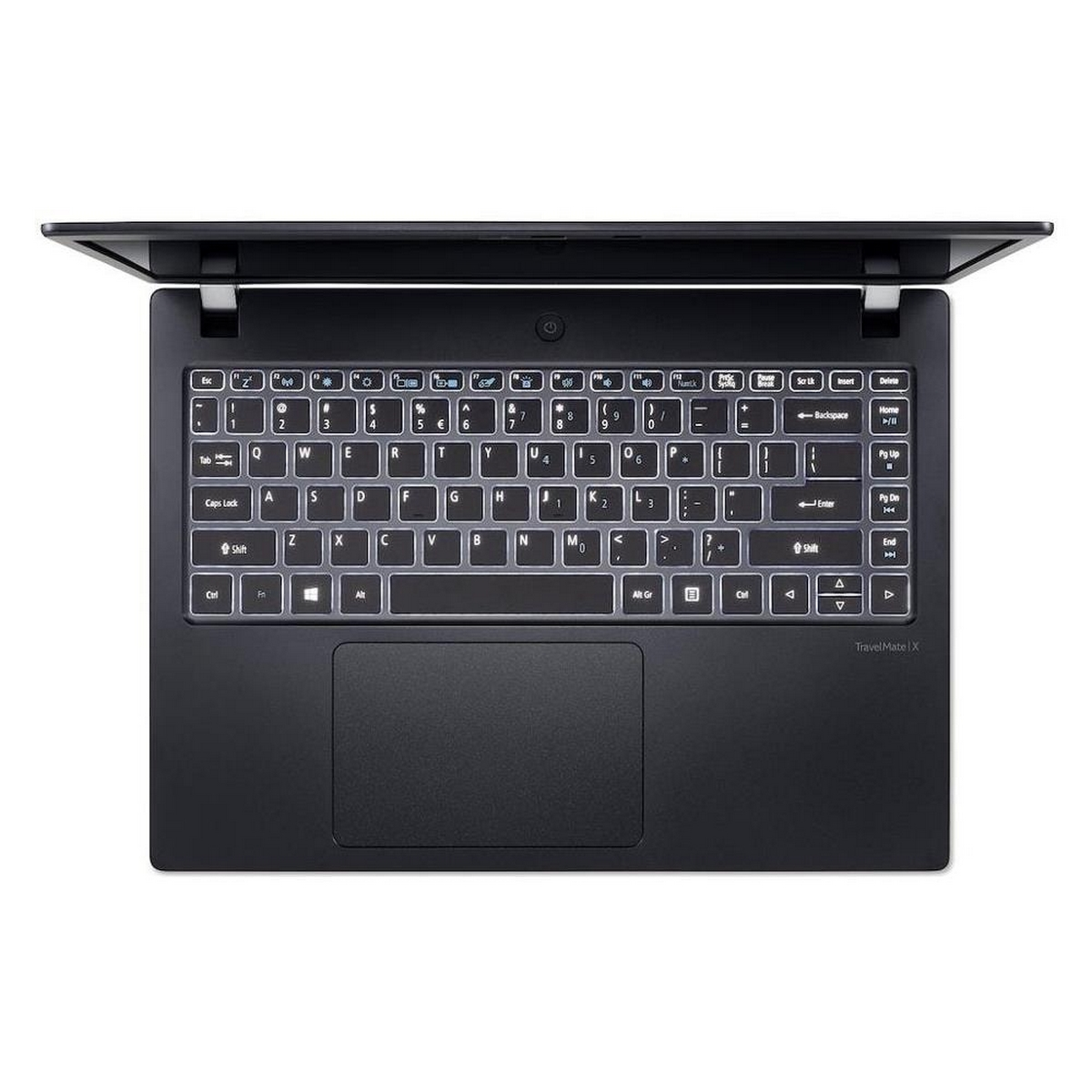 Laptop nero, aperto, tastiera illuminata. Il coperchio è aperto. Il touchpad è in basso.