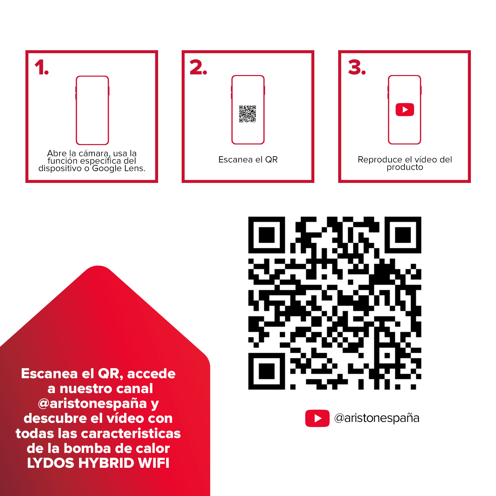 Instrucciones para un video del producto: abre la cámara, escanea el QR y reproduce el video.