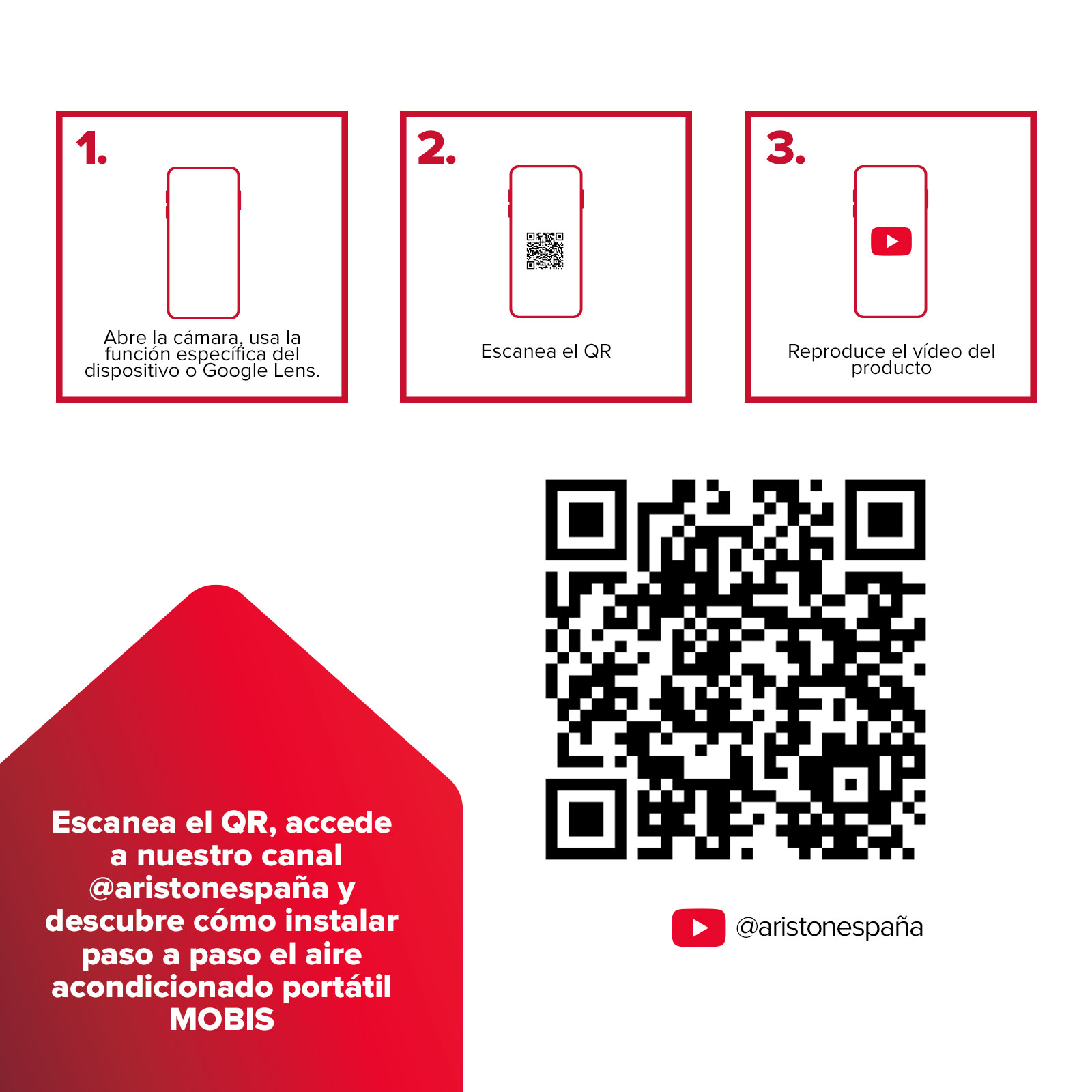Instrucciones en español: usa la cámara, escanea el código QR y mira el vídeo del producto.
