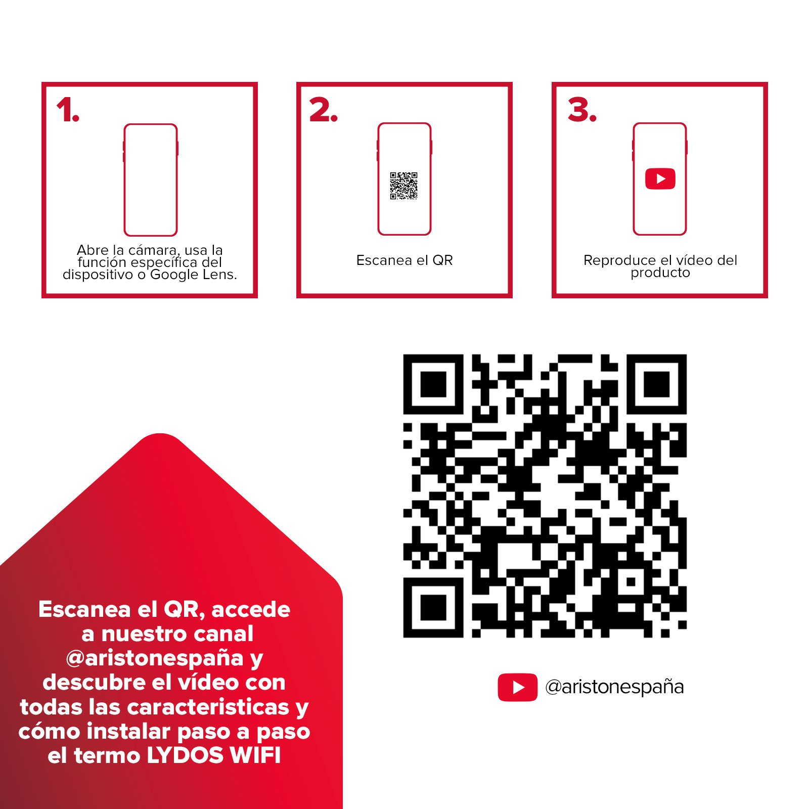 Istruzioni in spagnolo per scansionare un codice QR con la fotocamera del telefono per guardare un video del prodotto.