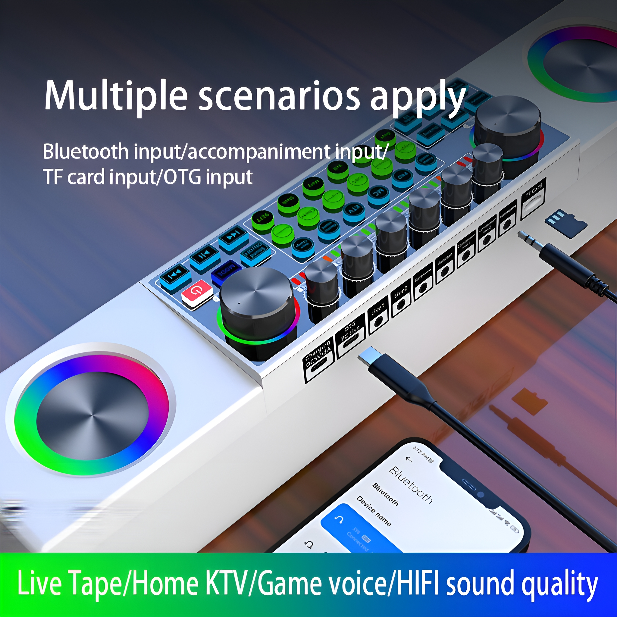 Audiomischer mit Bluetooth-, USB- und TF-Karteneingängen, mit Smartphone.