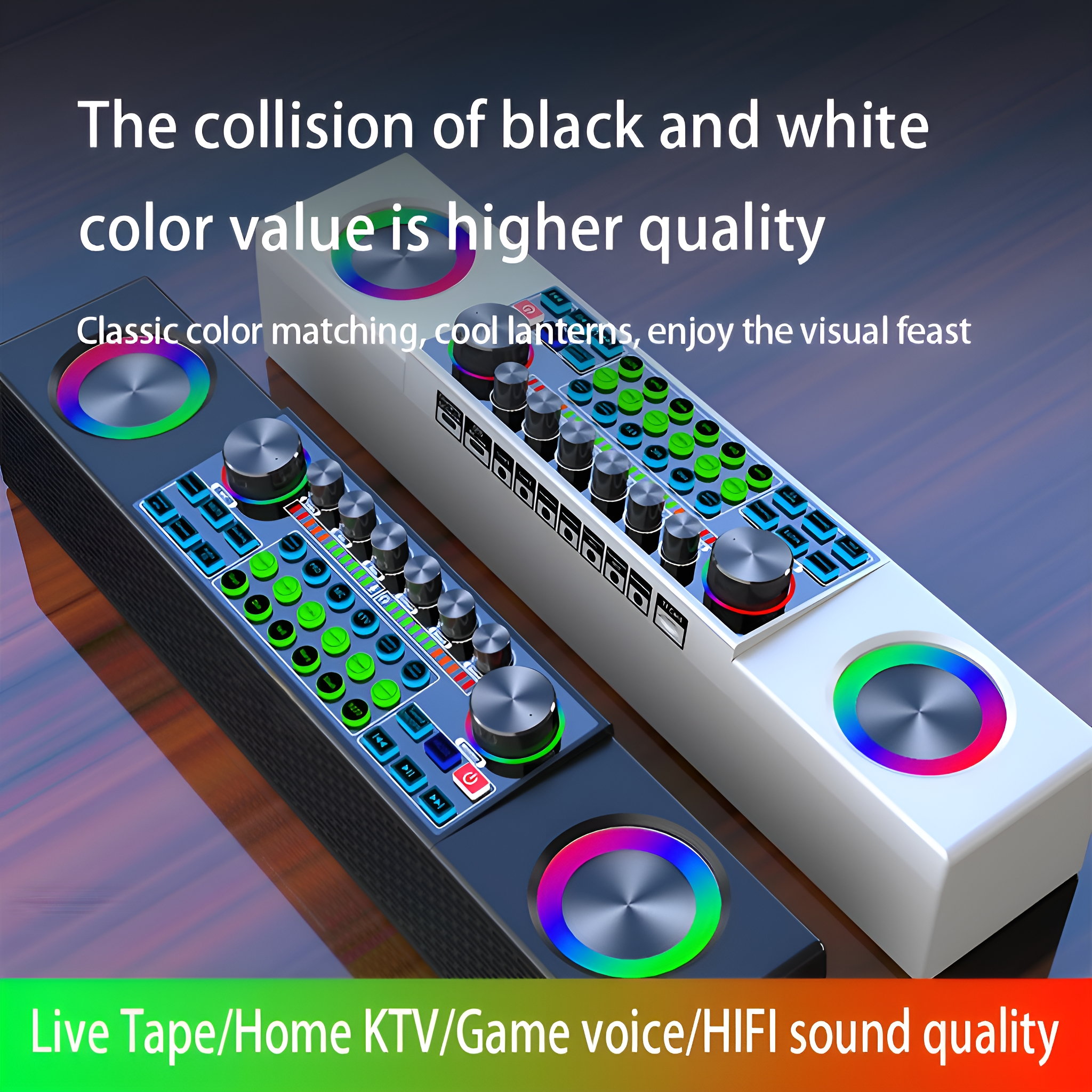 Zwei schwarz-weiße Soundbars. Die Soundbars haben Knöpfe und Regler sowie farbenfrohe Lichter an den Enden.