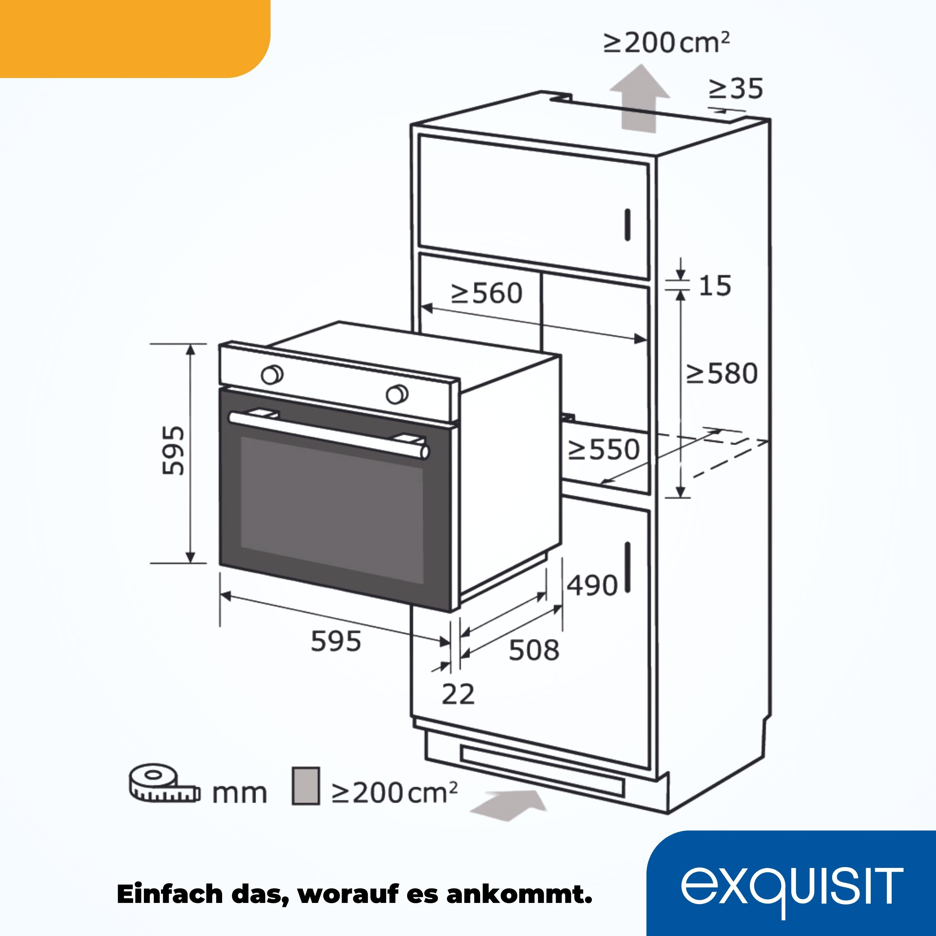 Diagramm eines Einbauofens mit Abmessungen in mm und cm. Der Ofen befindet sich in einem Schrank.