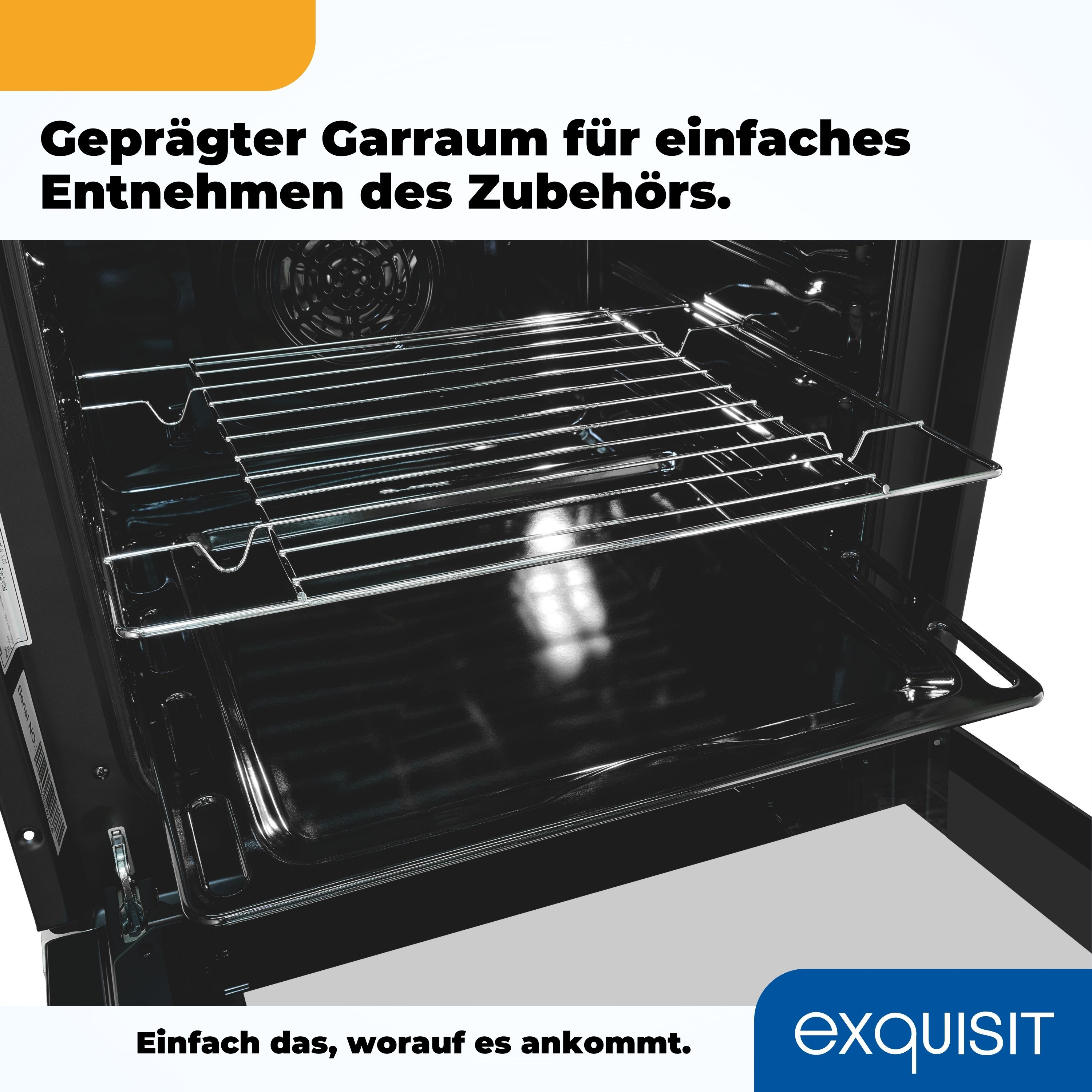 Innenraum eines schwarzen Ofens mit Rosten und einem Blech. Text: 'Einfacher Zugriff auf Zubehör'.