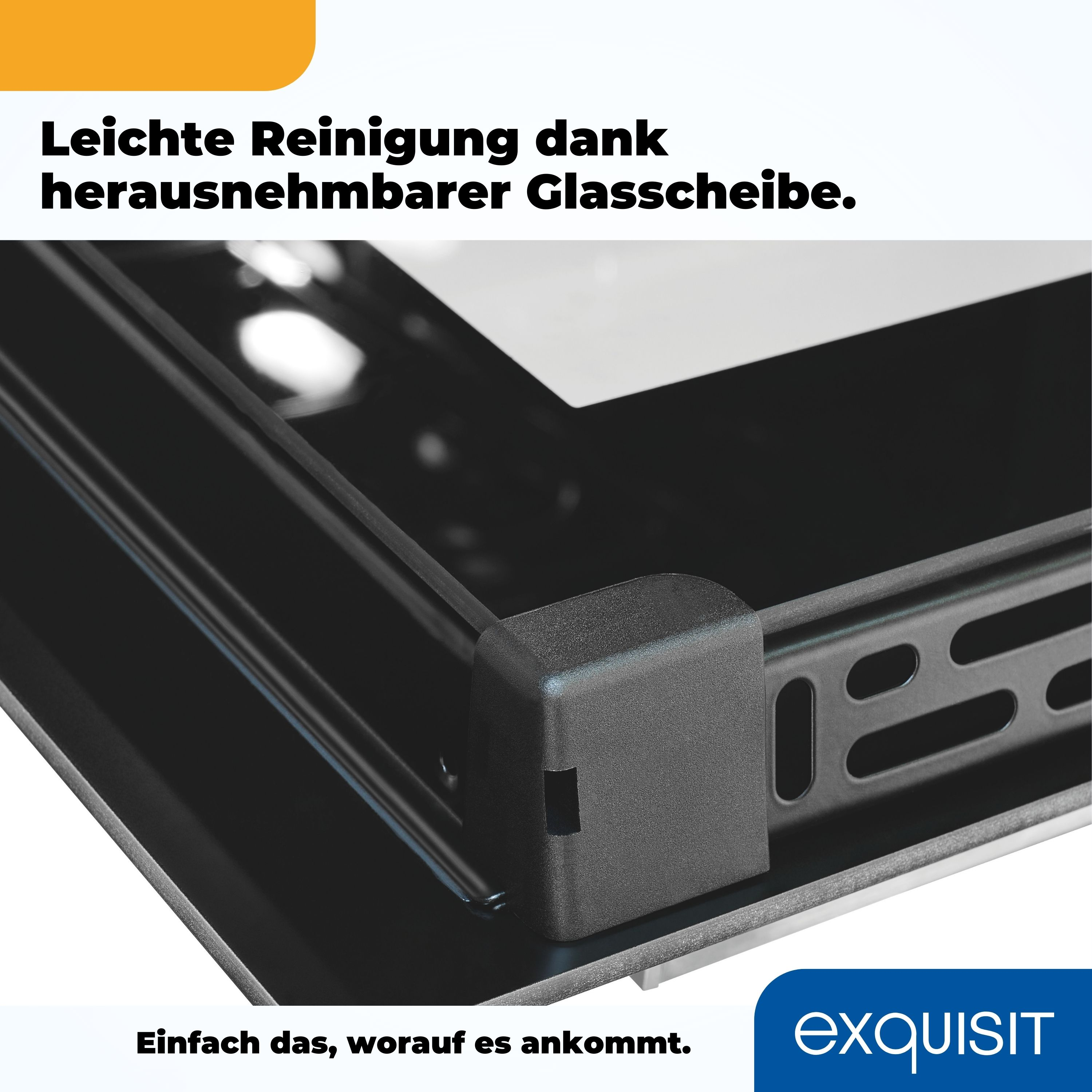 Nahaufnahme einer schwarzen und grauen Ofenecke. Text: Leichte Reinigung dank herausnehmbarer Glasscheibe.