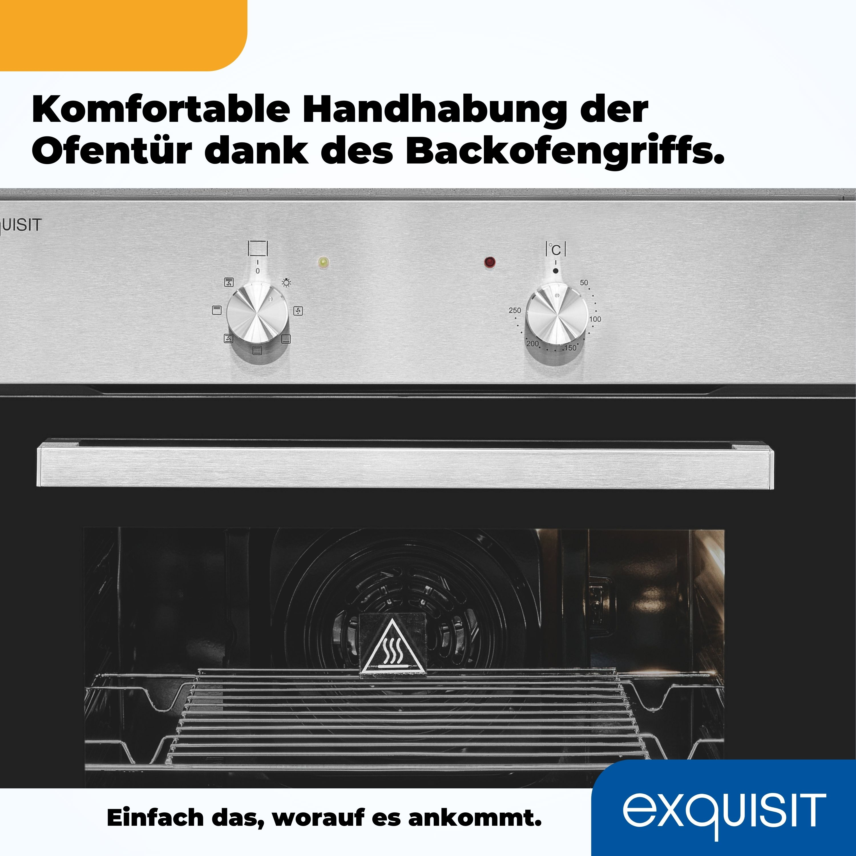 Ofen mit Edelstahl-Finish, Drehknöpfen und sichtbarem Ofeninnenraum, auf schwarzem Hintergrund.
