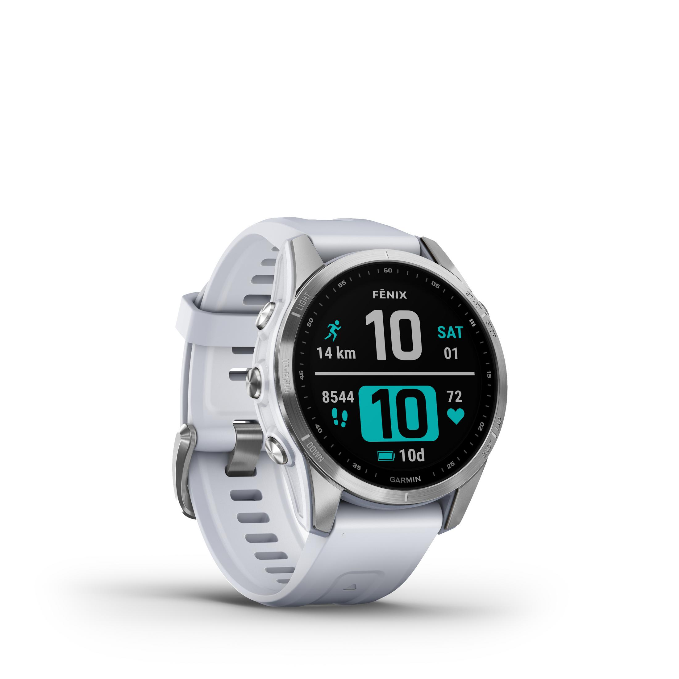 Eine weiße Garmin Fenix Uhr mit Digitalanzeige.