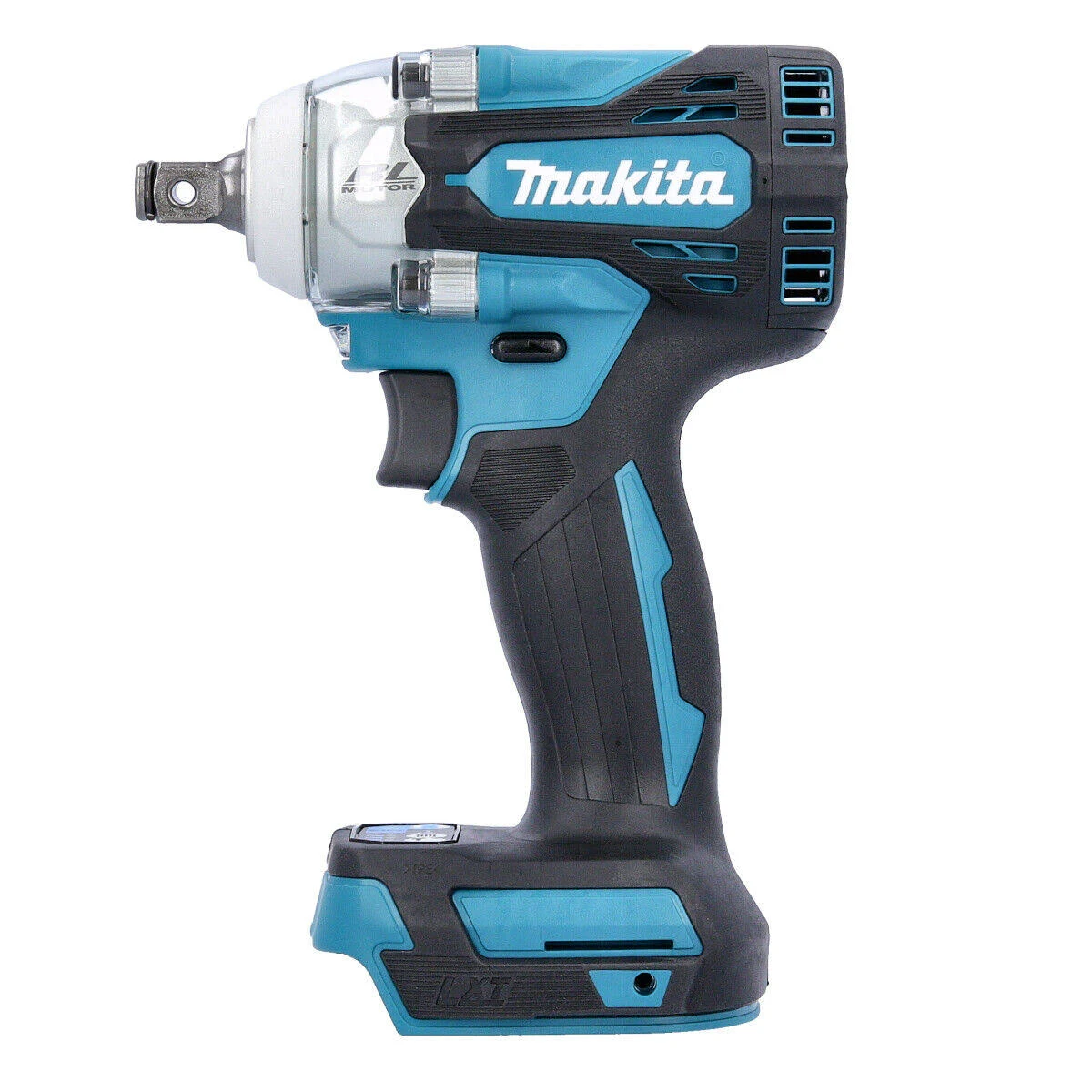 Turkusowo-czarny klucz udarowy Makita na białym tle.