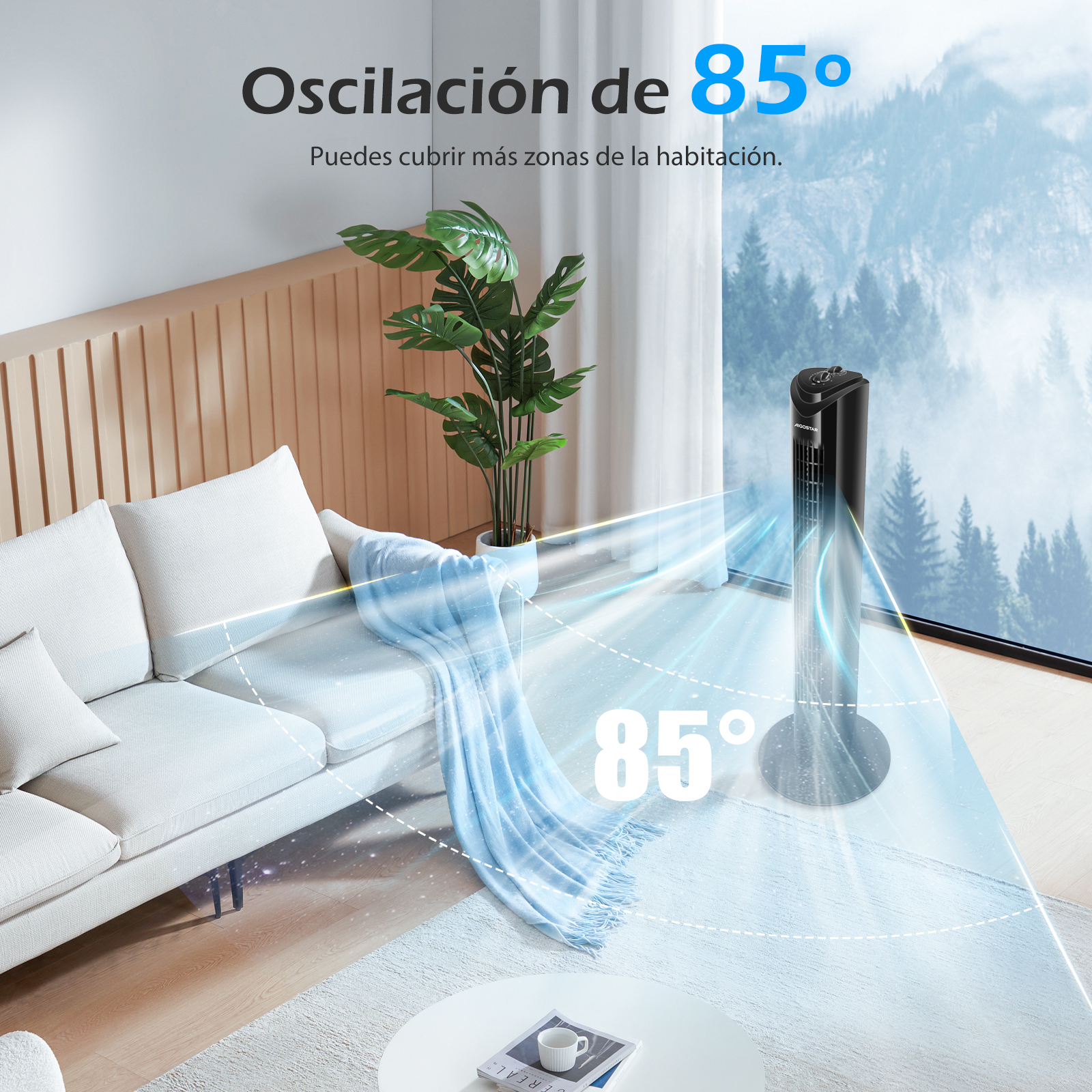 Ventilador de torre negro en la habitación, con oscilación de 85 grados.