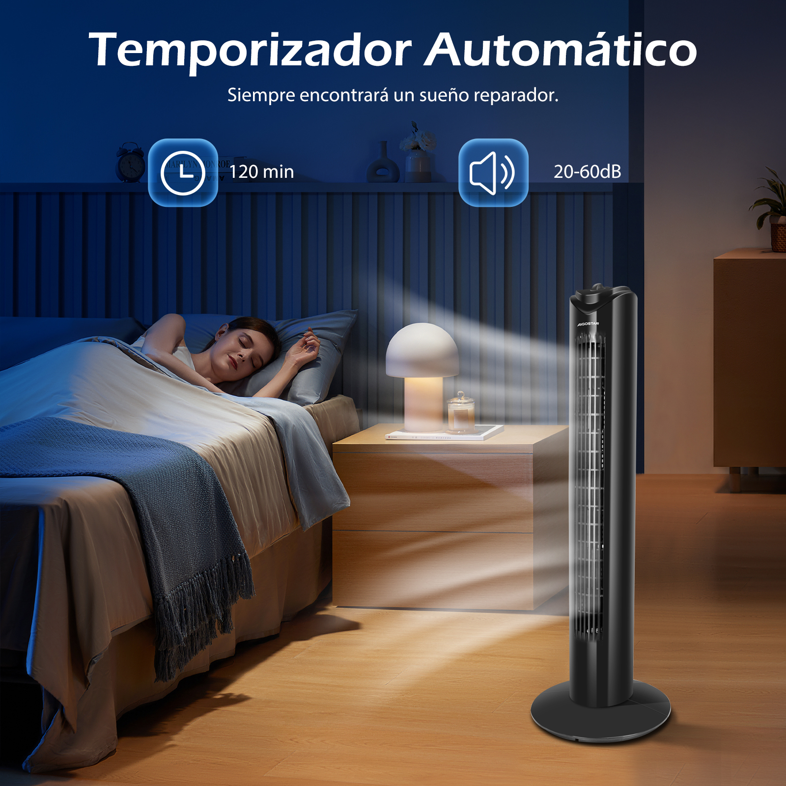Escena de dormitorio con ventilador de torre negro. Mujer en cama. Texto sobre temporizador.
