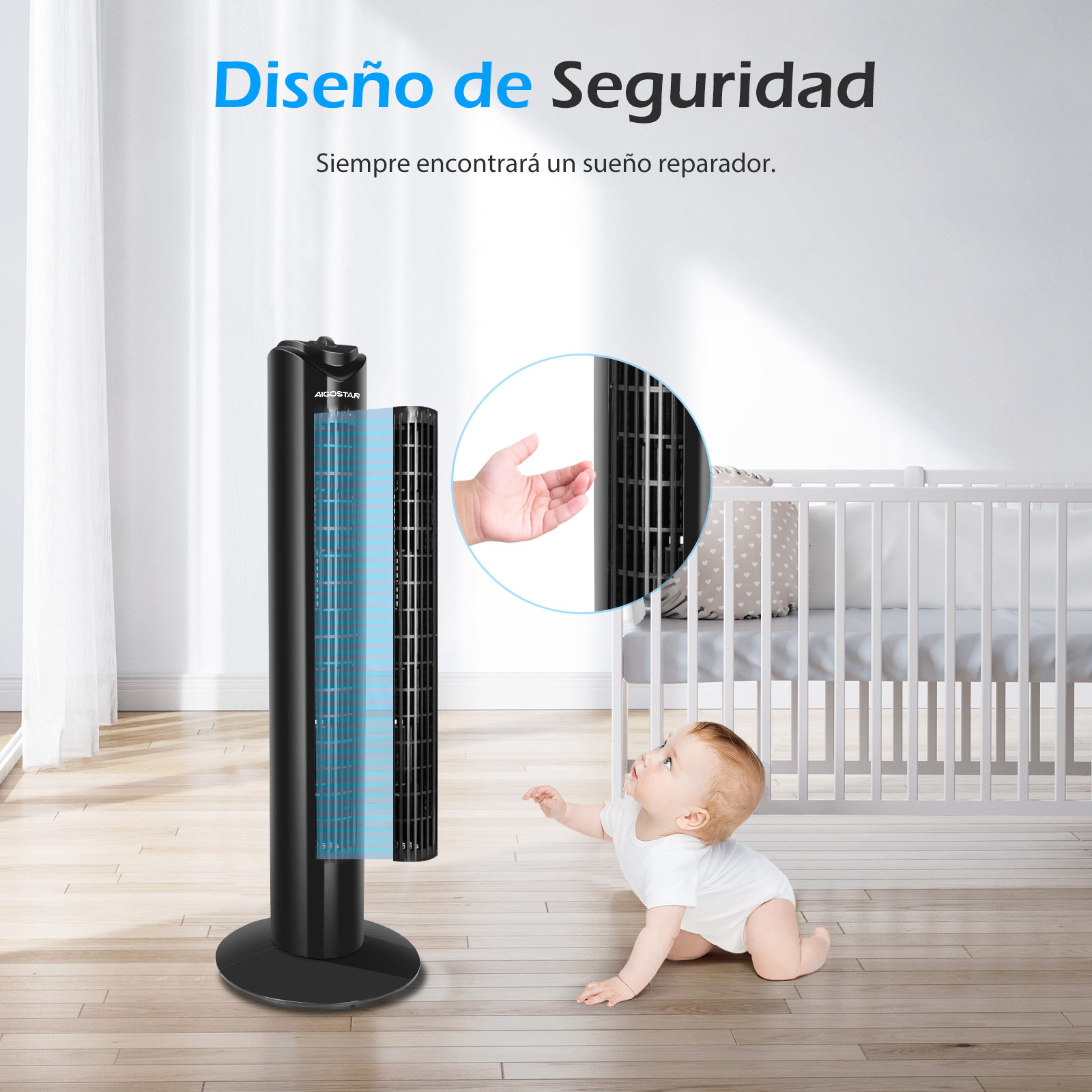 Un ventilador de torre negro con un bebé gateando hacia él. Cuenta con medidas de seguridad.