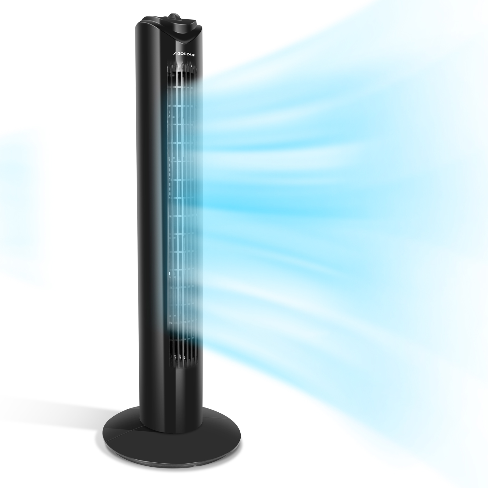 Ventilador de torre negro con flujo de aire azul. Fondo blanco.