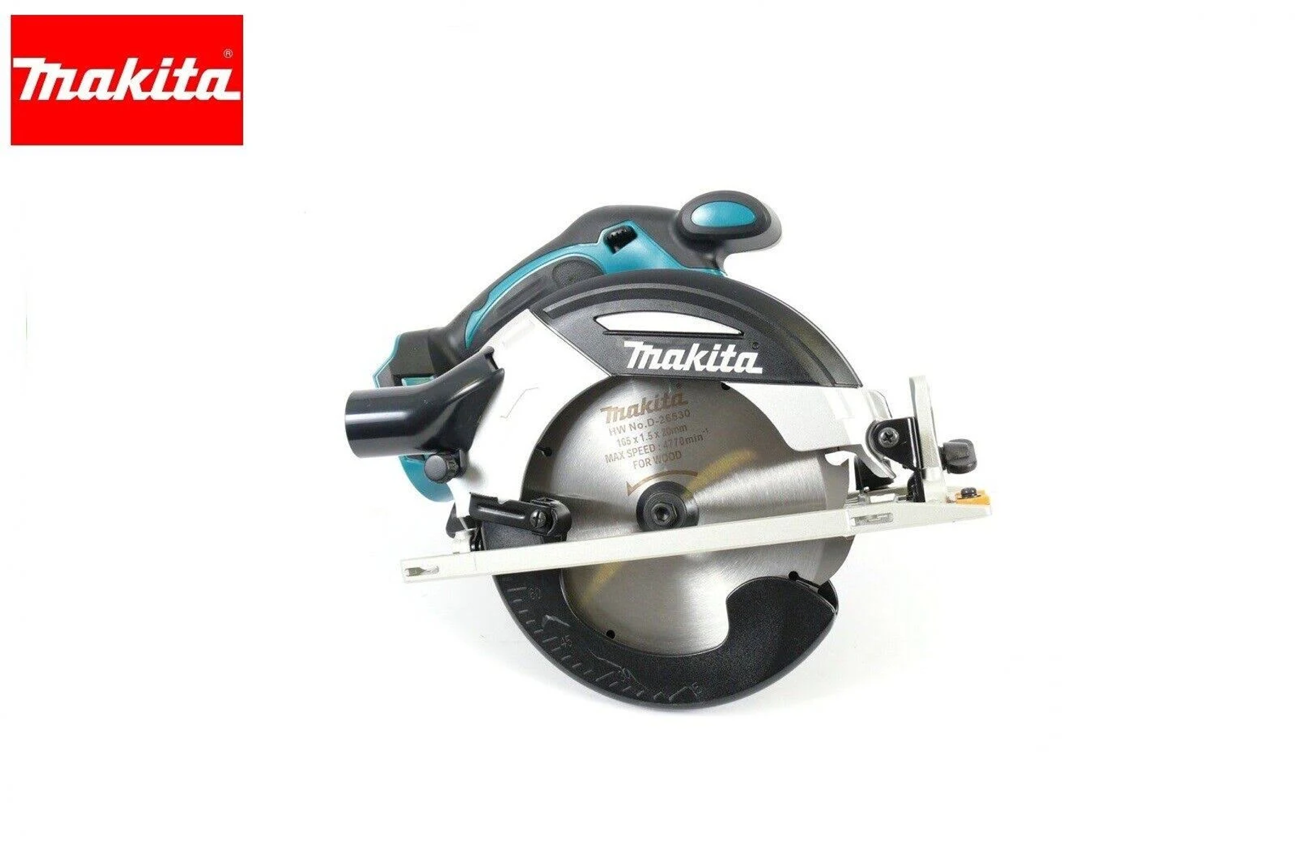 Piła tarczowa Makita na białej powierzchni. Piła jest czarna i turkusowa ze srebrnym ostrzem.