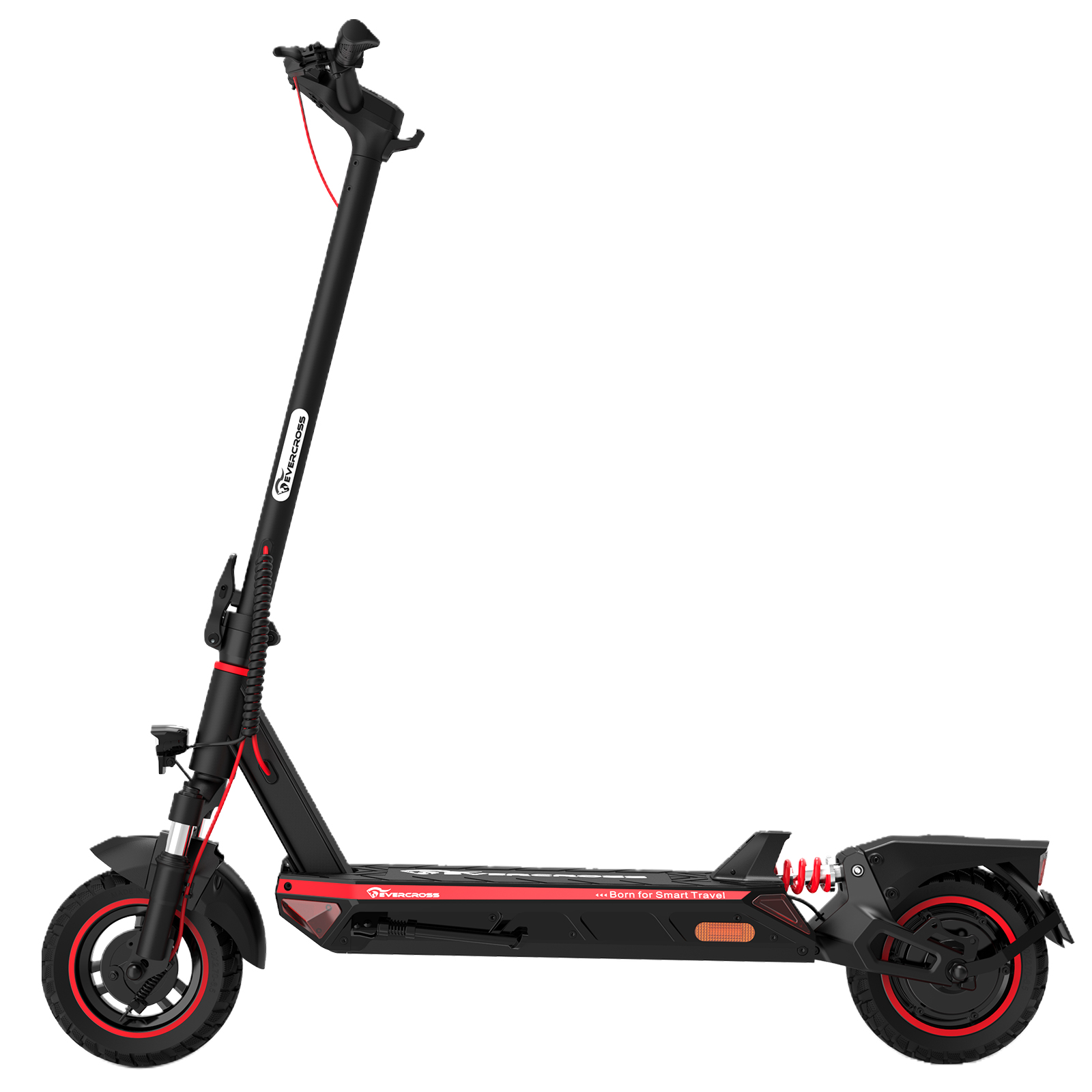 Scooter elettrico nero con dettagli rossi. È mostrato di lato, con una ruota visibile.