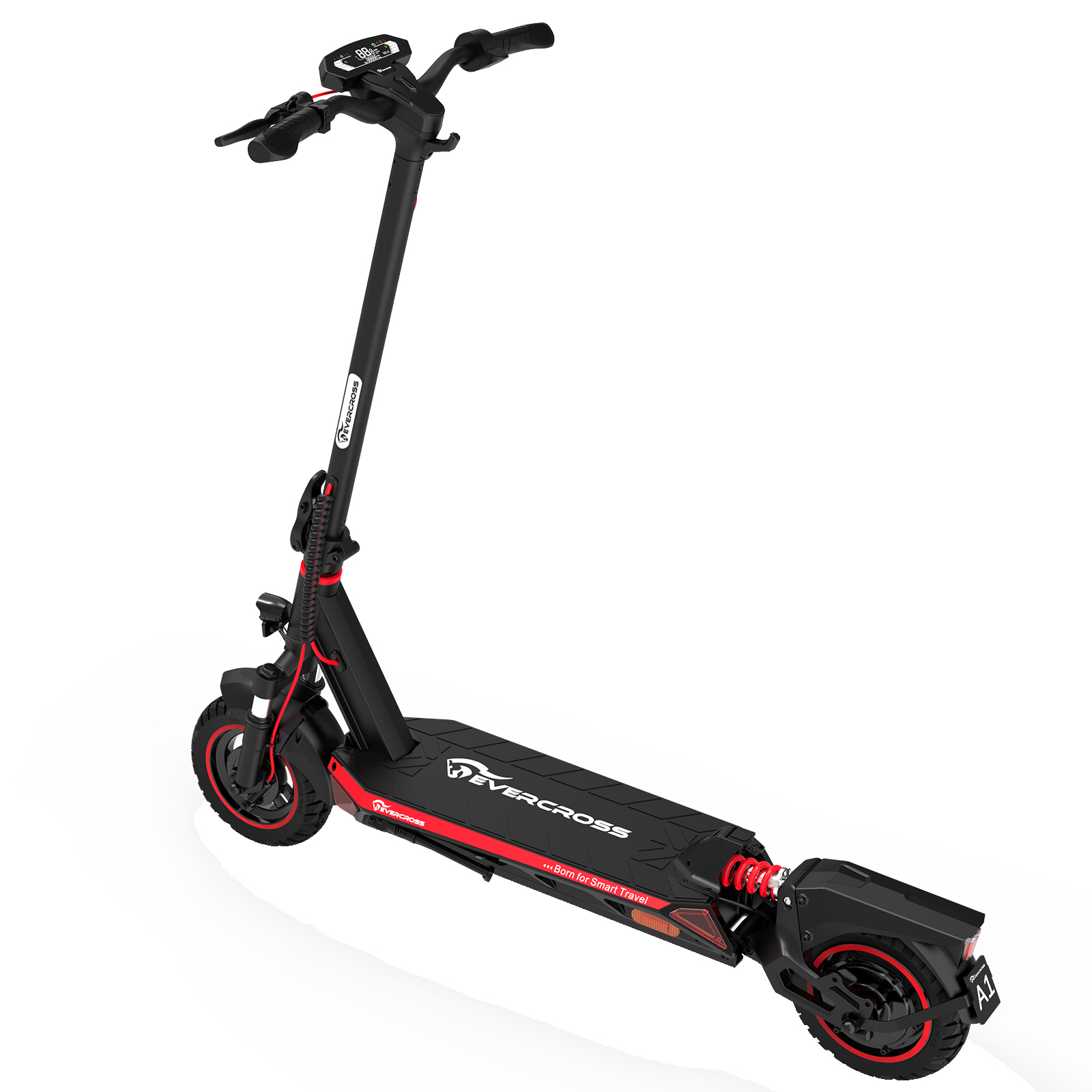 Scooter elettrico nero e rosso, vista angolata. Sfondo bianco.