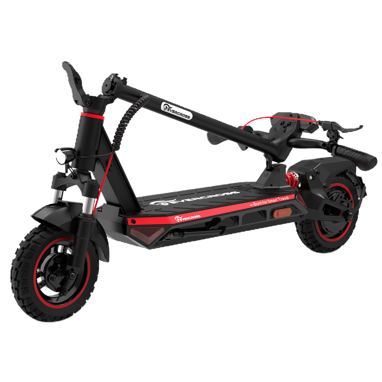 Scooter elettrico nero e rosso su sfondo bianco. Ha pneumatici grandi e un faro.