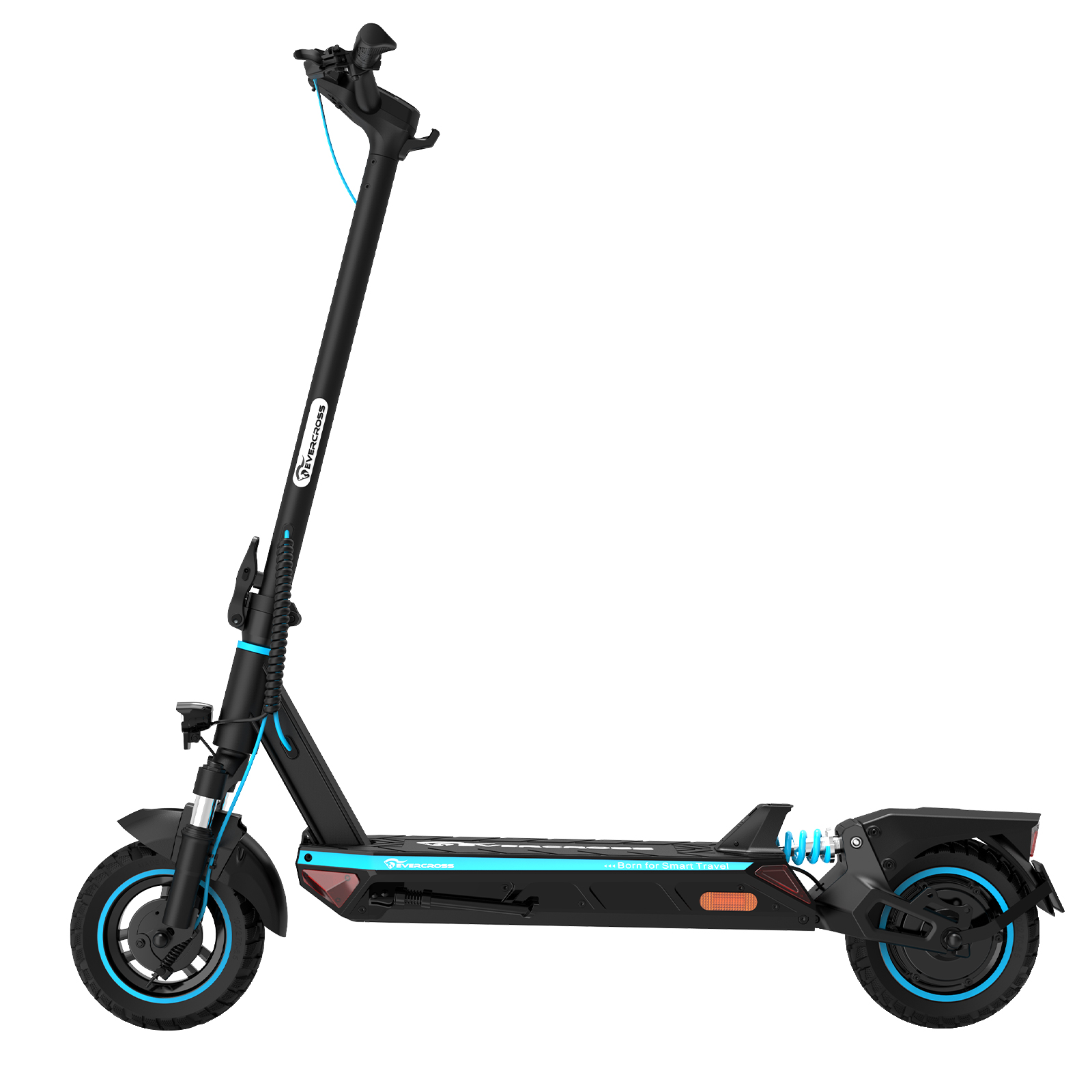 Scooter elettrico nero e blu su sfondo bianco.