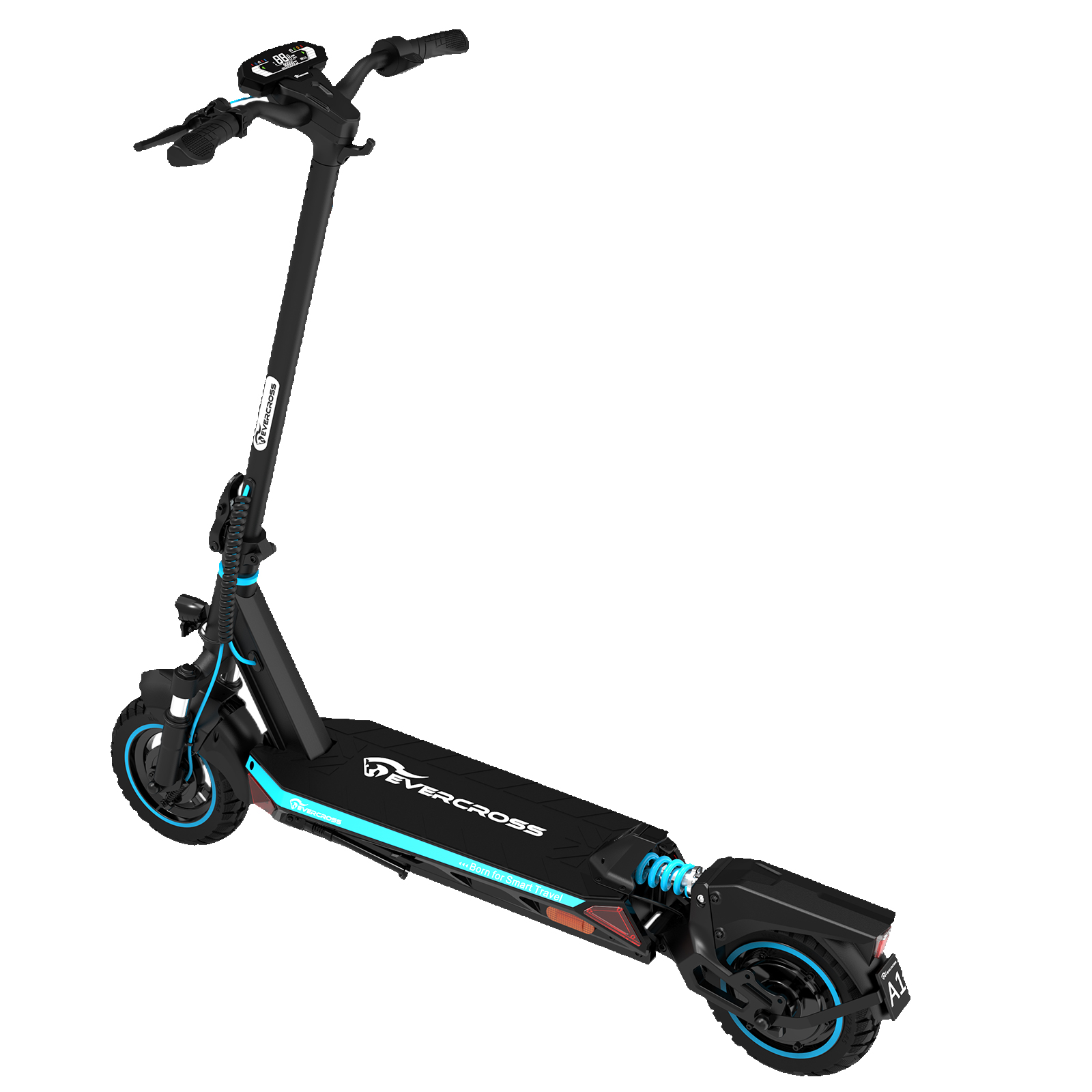 Scooter elettrico nero e blu. Design moderno. Marchio Evercross. Sfondo bianco.