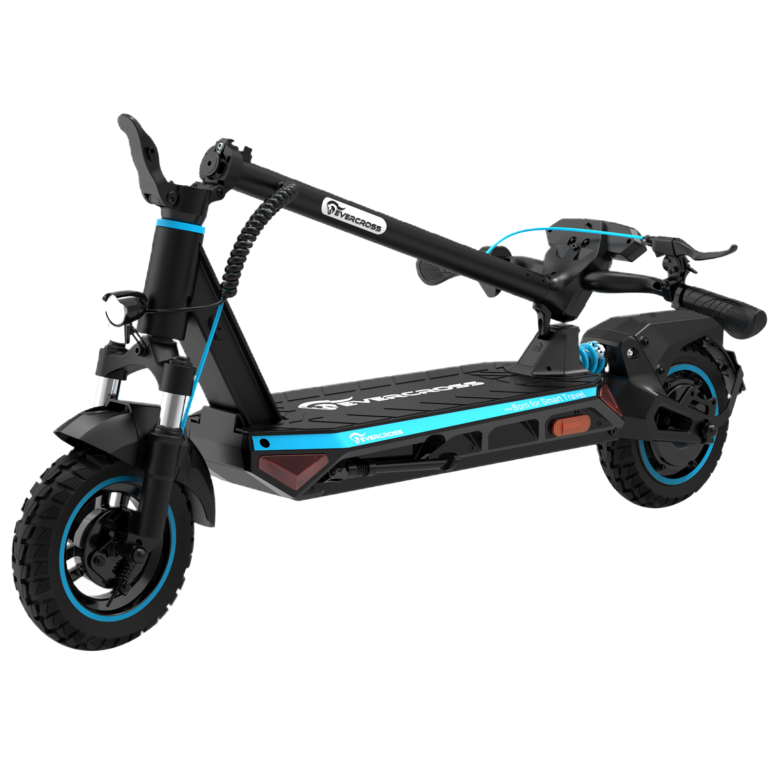 Scooter elettrico Evercross nero e blu, vista angolata su sfondo bianco.