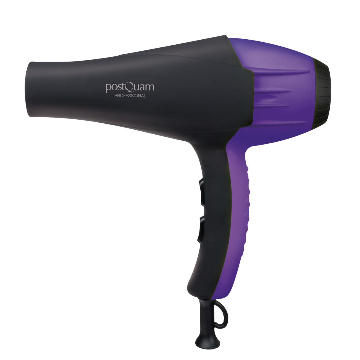 Czarna i fioletowa suszarka do włosów. Marka PostQuam Professional. Widoczny uchwyt i dysza. Białe tło.