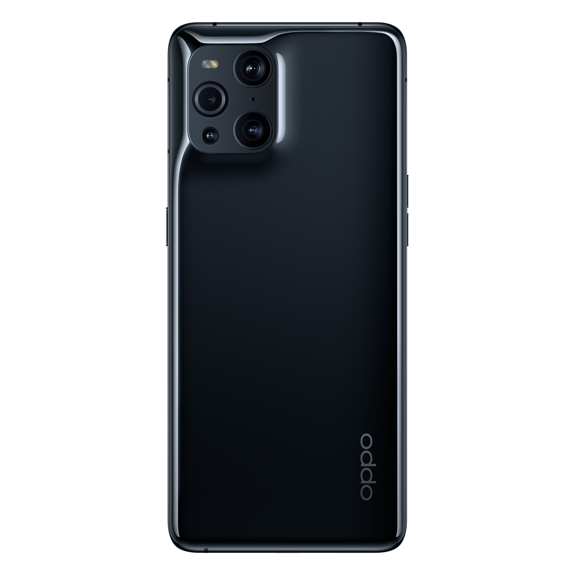 Schwarzes Oppo-Telefon, drei Rückkameras, glänzend. Weißer Hintergrund.