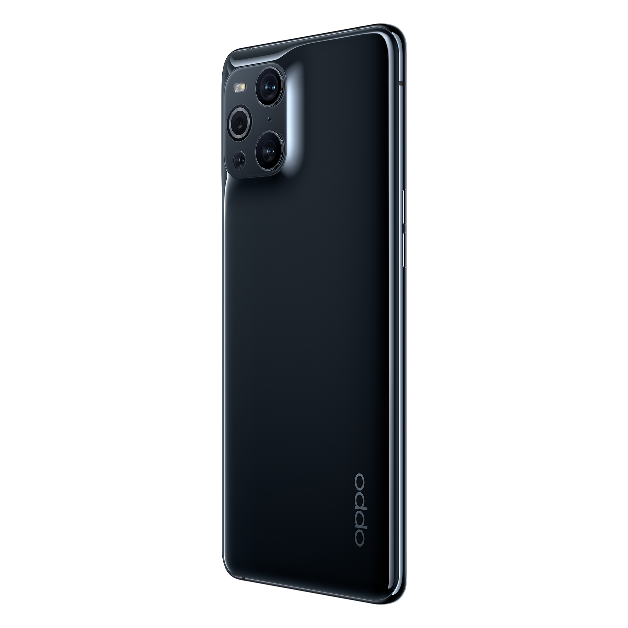 Schwarzes Oppo-Telefon, Rückansicht, mit mehreren Kameras.