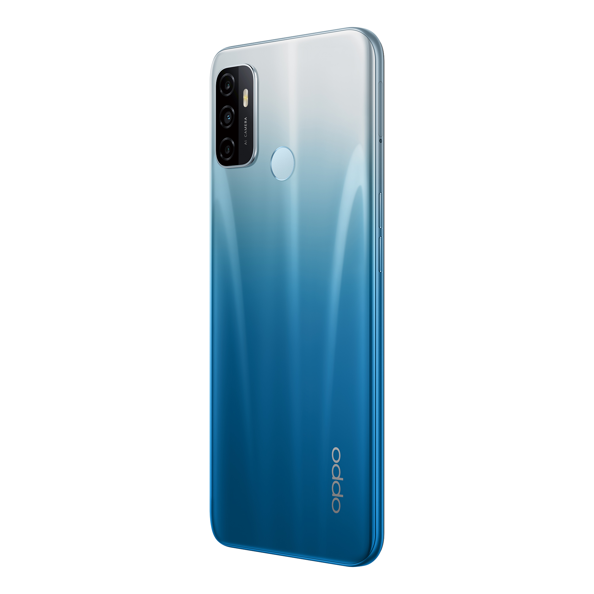 Un smartphone OPPO con una parte trasera azul degradado. La parte trasera tiene una configuración de triple cámara y un logotipo central.