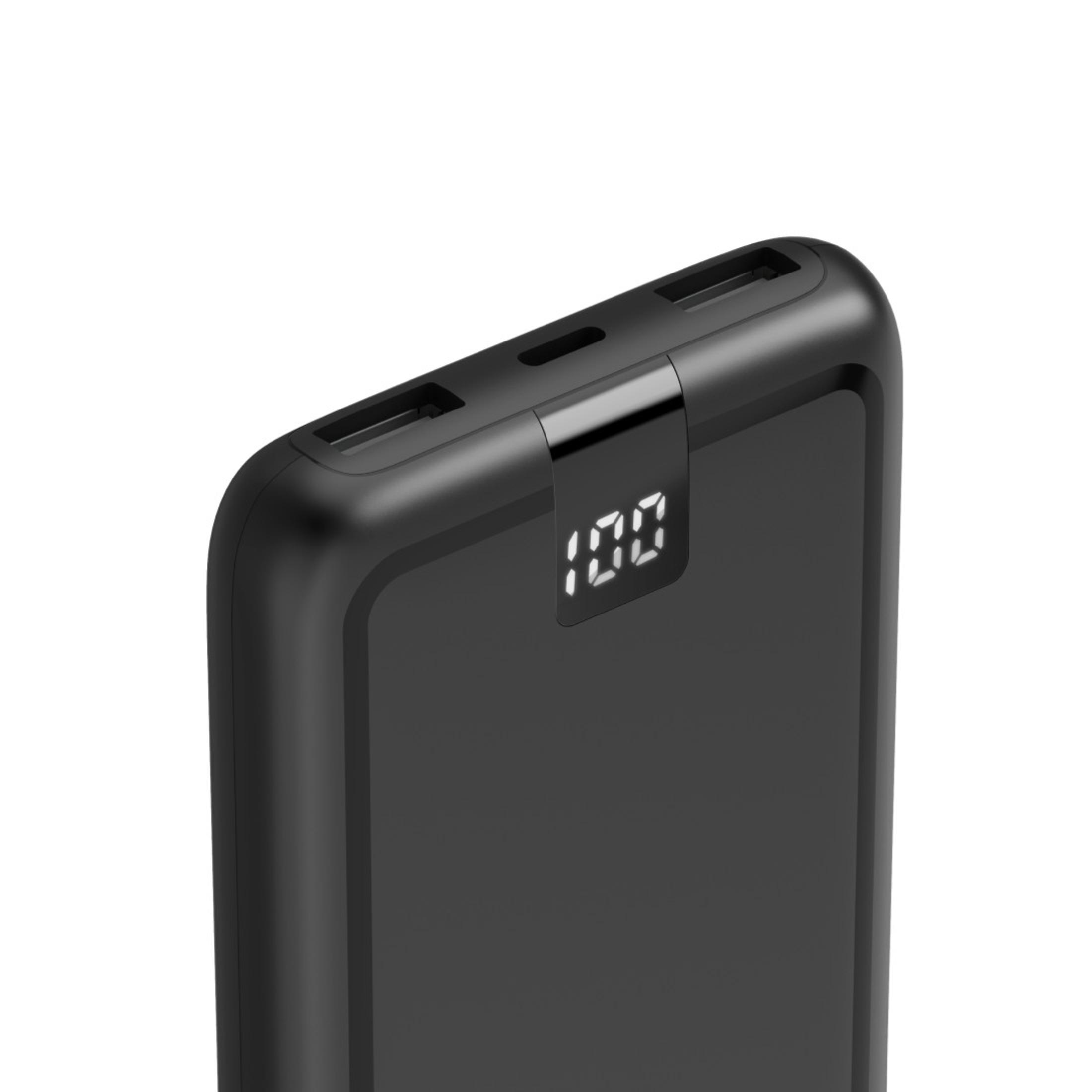 Power bank nero con display digitale che mostra il 100%. Ha due porte USB sulla parte superiore.