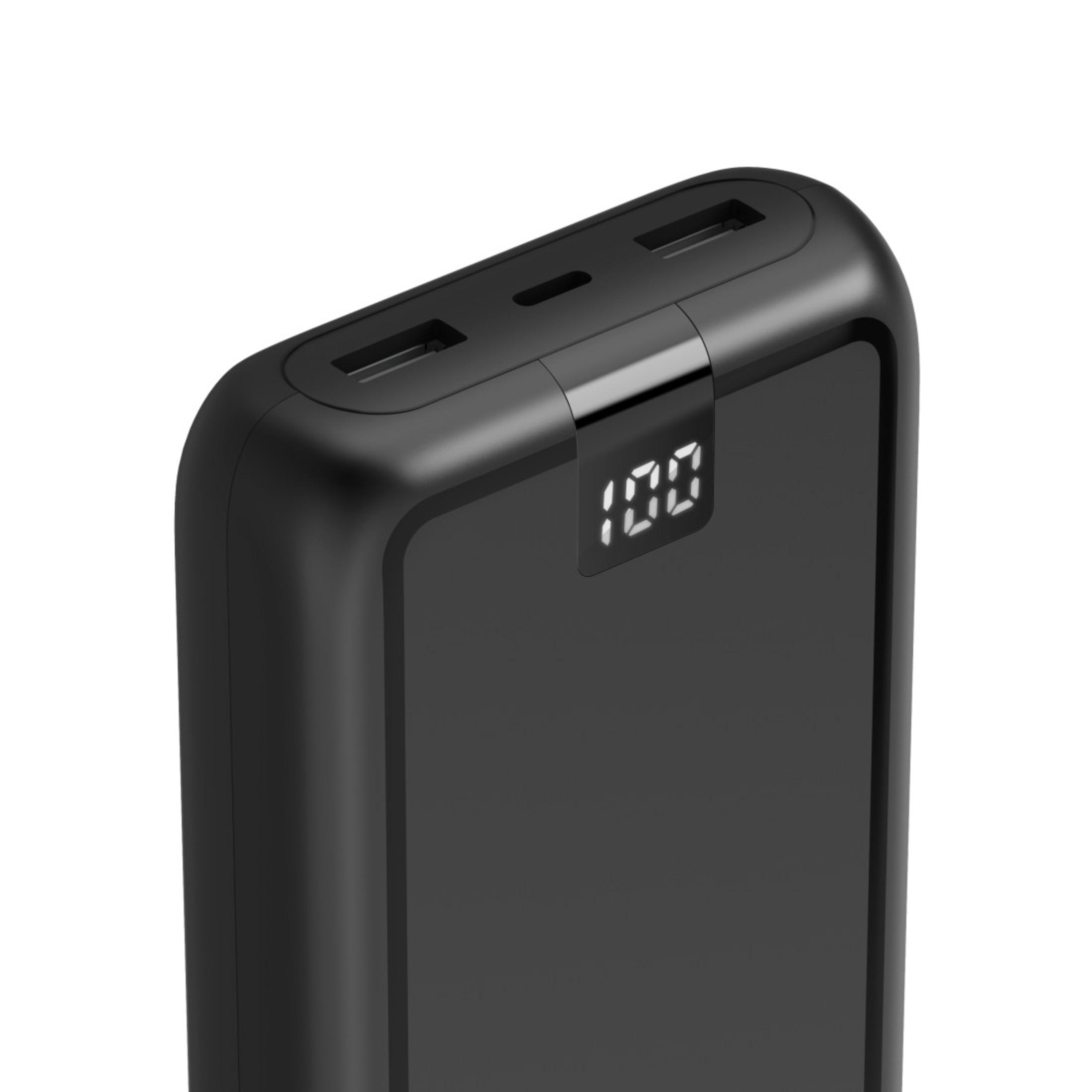 Eine schwarze Powerbank mit zwei USB-Anschlüssen und einem Display, das 100 % Ladung anzeigt.