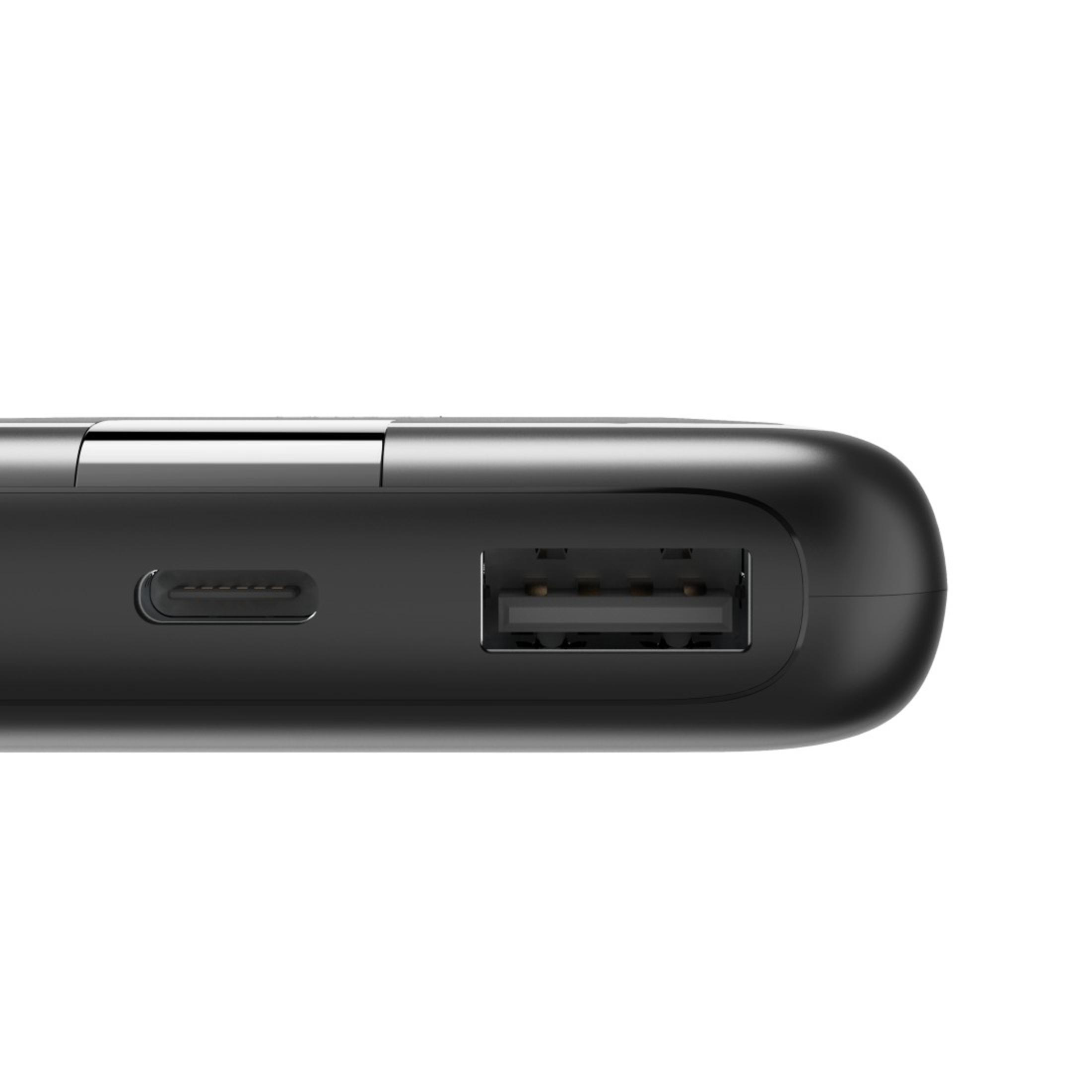 Power bank nero con porta USB e USB-C su sfondo bianco.