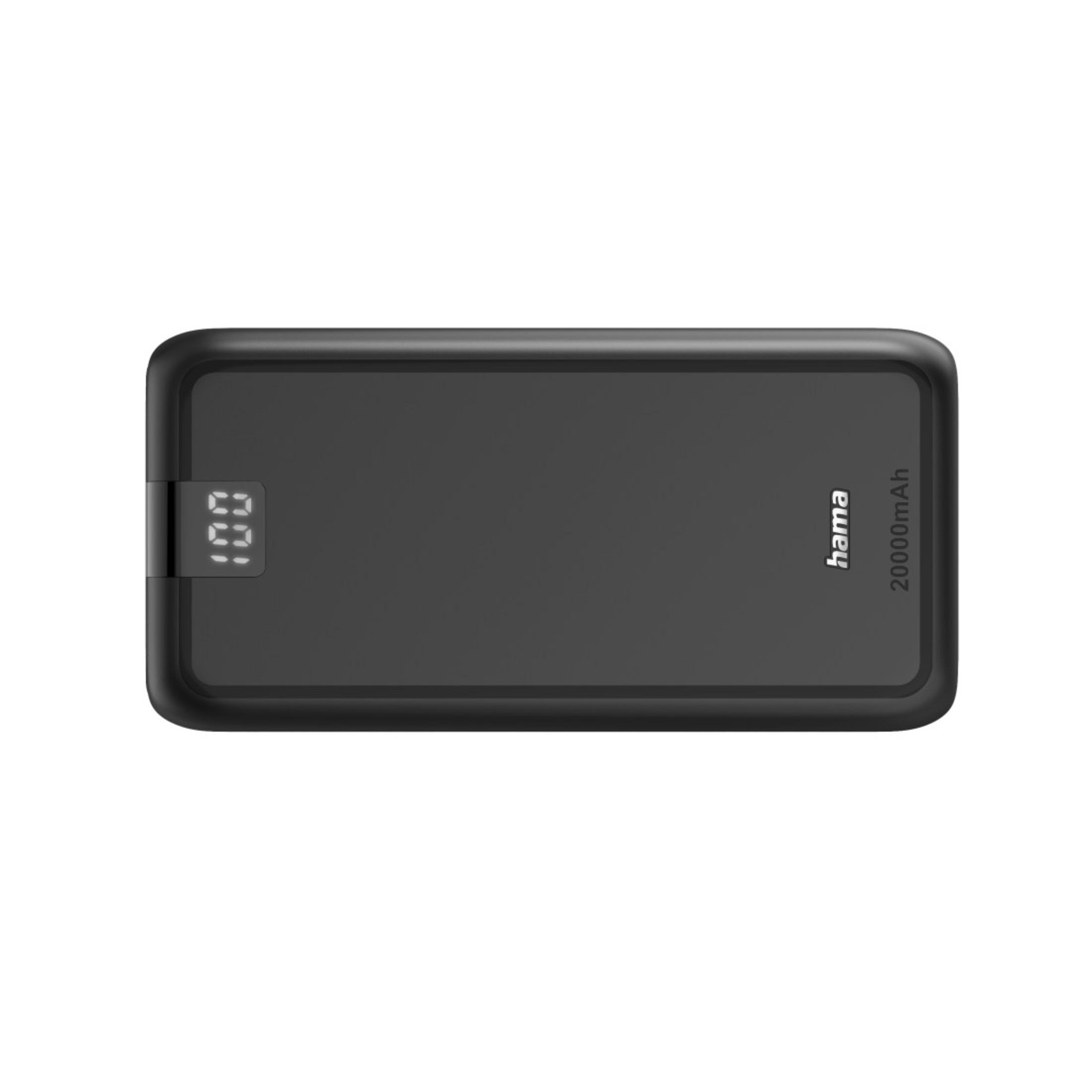 Un power bank nero con display digitale che mostra il 100%, sfondo bianco.