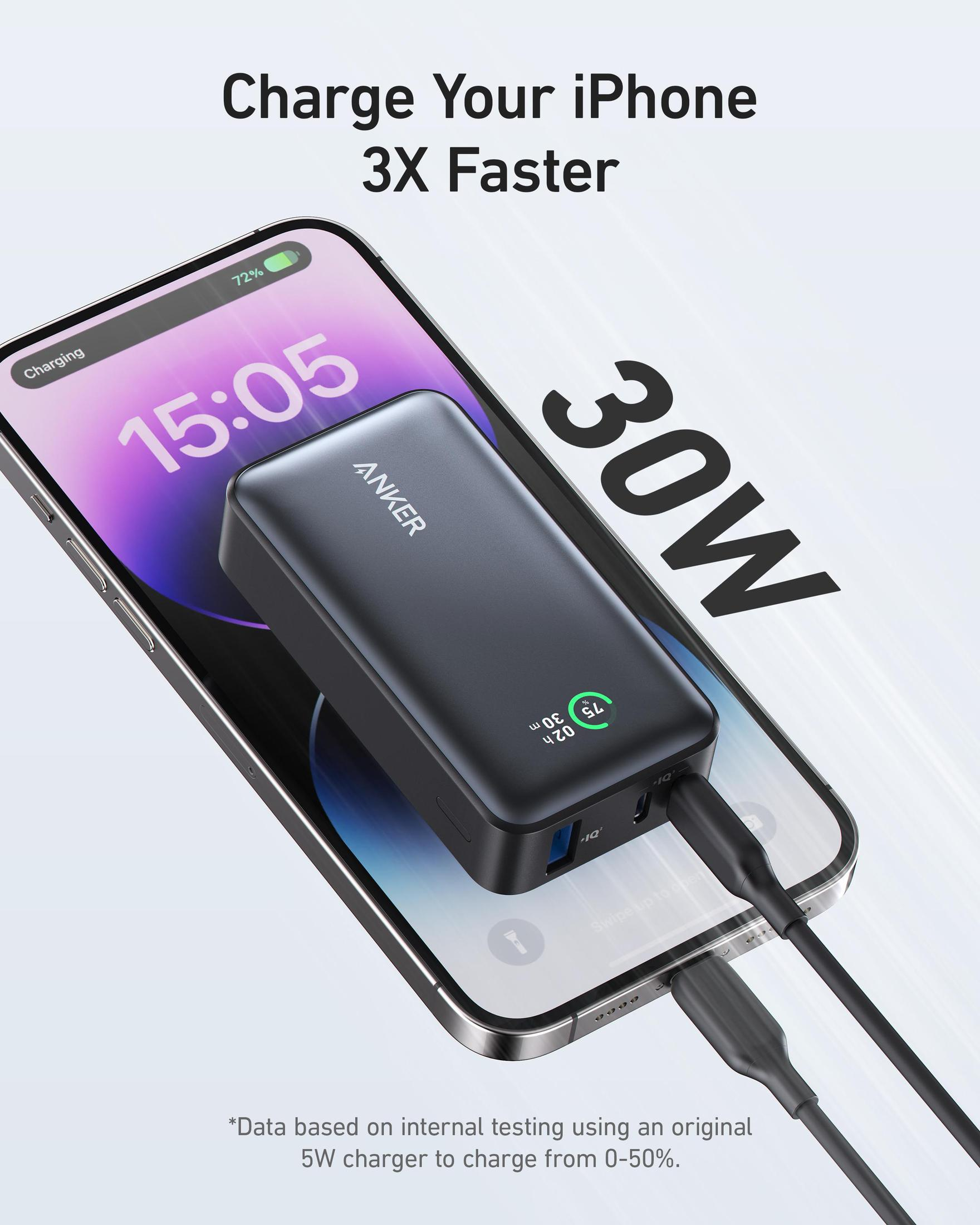 Un power bank nero che carica un iPhone con un'uscita da 30 W, con testo e un logo.