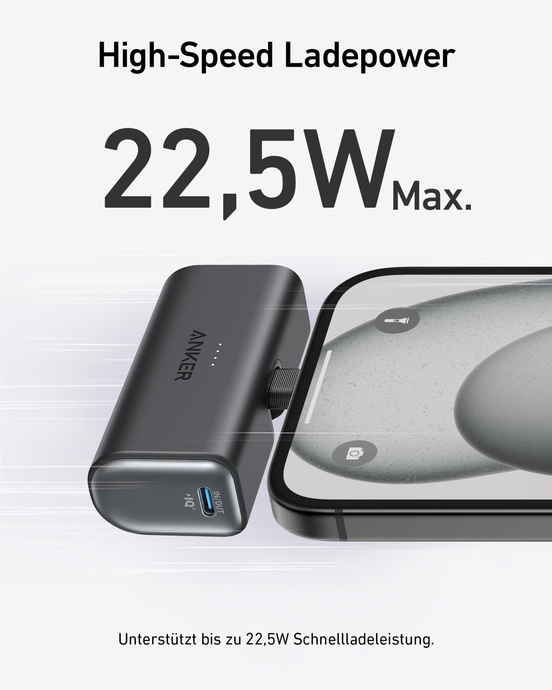 Anker Powerbank neben einem Telefon. Text: High-Speed Ladepower 22,5W Max. Unterstützt 22,5W Schnellladen.