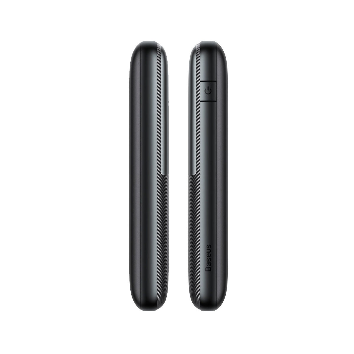 Zwei schwarze, schlanke Powerbanks. Eine Seite mit einem Ein-/Ausschalter. Weißer Hintergrund.