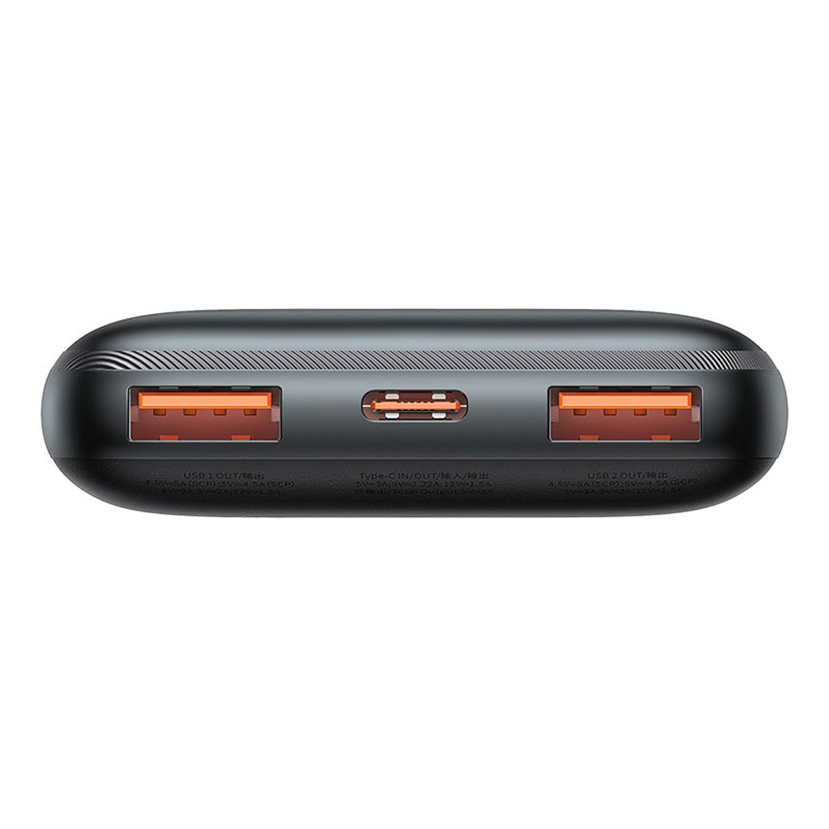 Schwarze Powerbank mit drei Anschlüssen und orangefarbenen Akzenten.