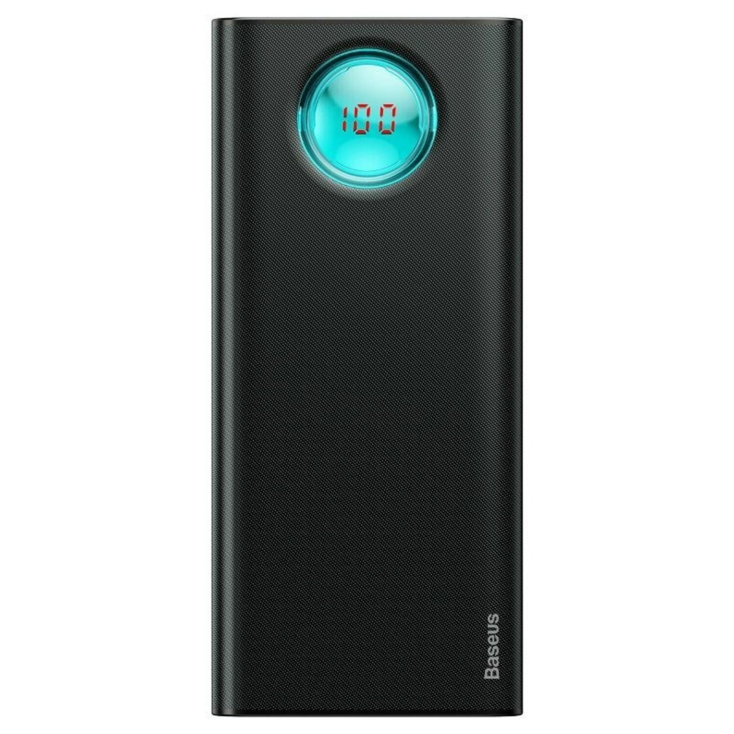 Eine schwarze Powerbank mit digitaler Anzeige, die 100 % Akku anzeigt.
