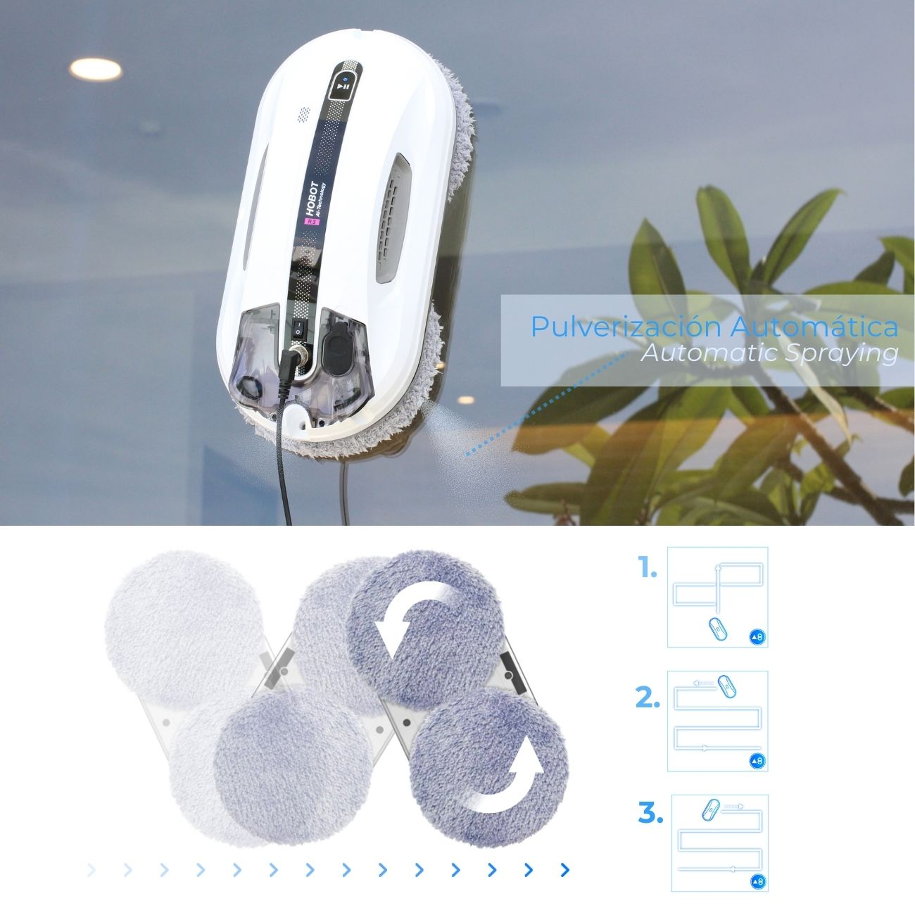 Robot limpiador de ventanas blanco sobre vidrio, mostrando acción de limpieza con diagramas.