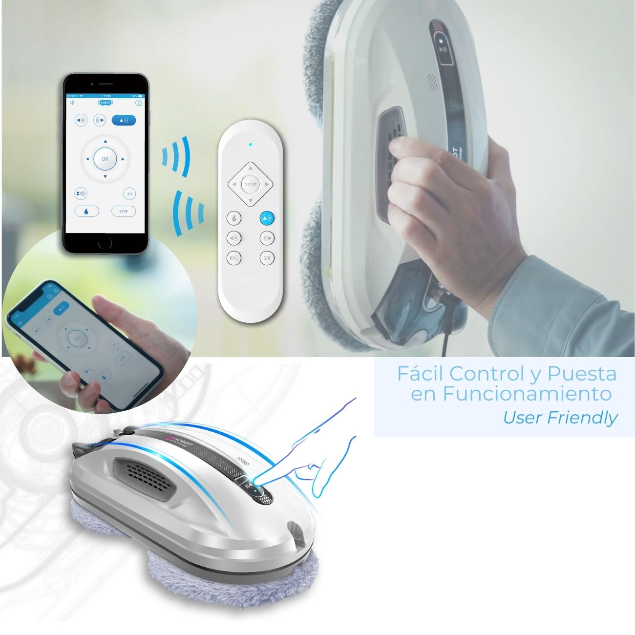 Una persona usando un robot limpiacristales y un teléfono móvil con funciones de control remoto.