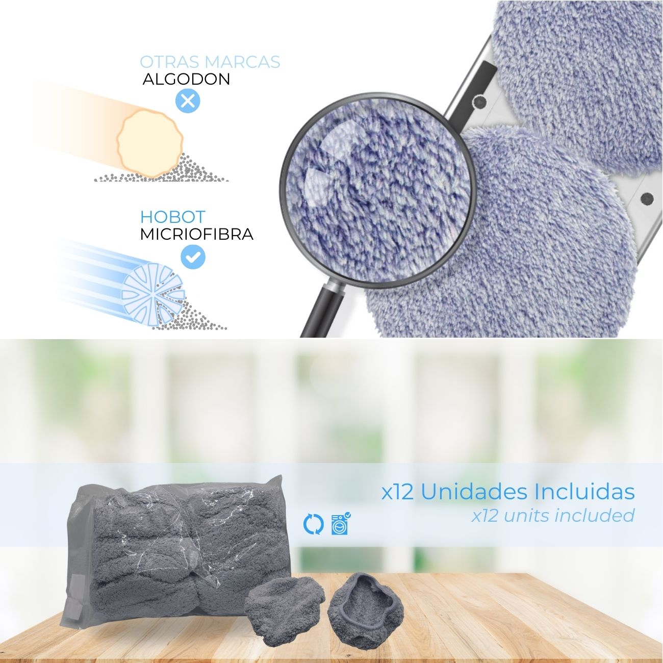 Un diagrama que compara almohadillas de limpieza de microfibra y algodón para un dispositivo de limpieza.