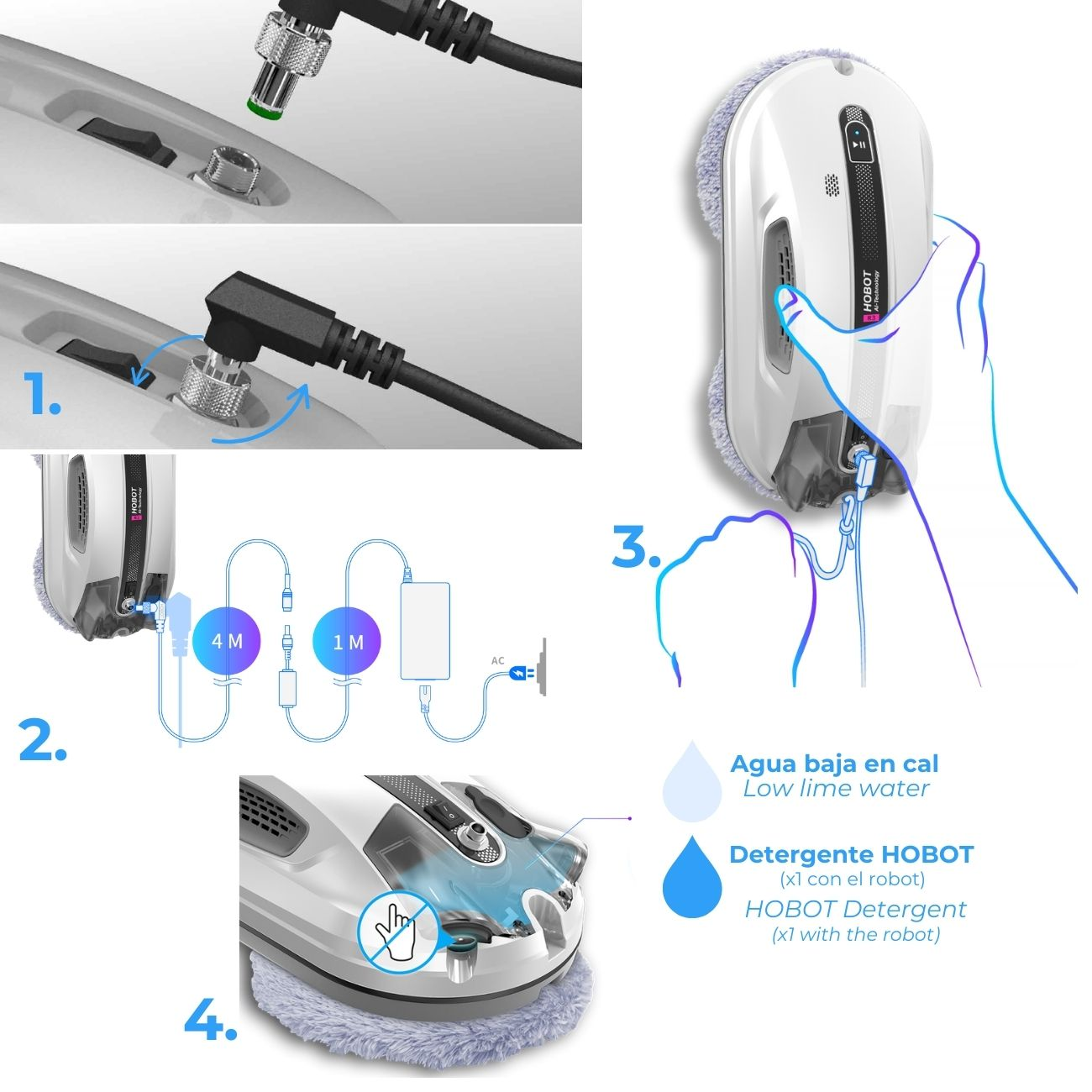 Diagrama que muestra los componentes de un robot de limpieza: enchufes, cables y el robot.
