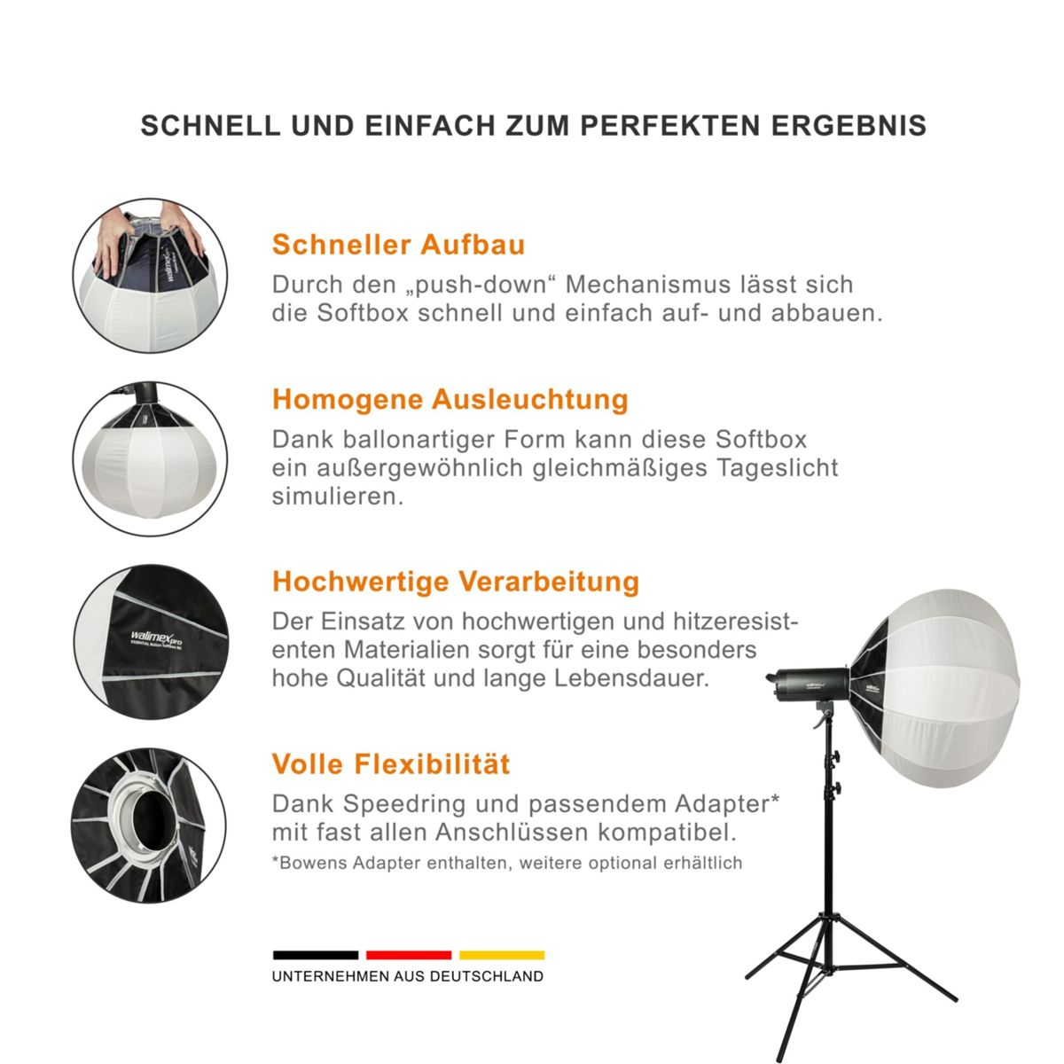 Softbox per attrezzatura fotografica, caratteristiche: montaggio rapido, illuminazione uniforme, alta qualità.