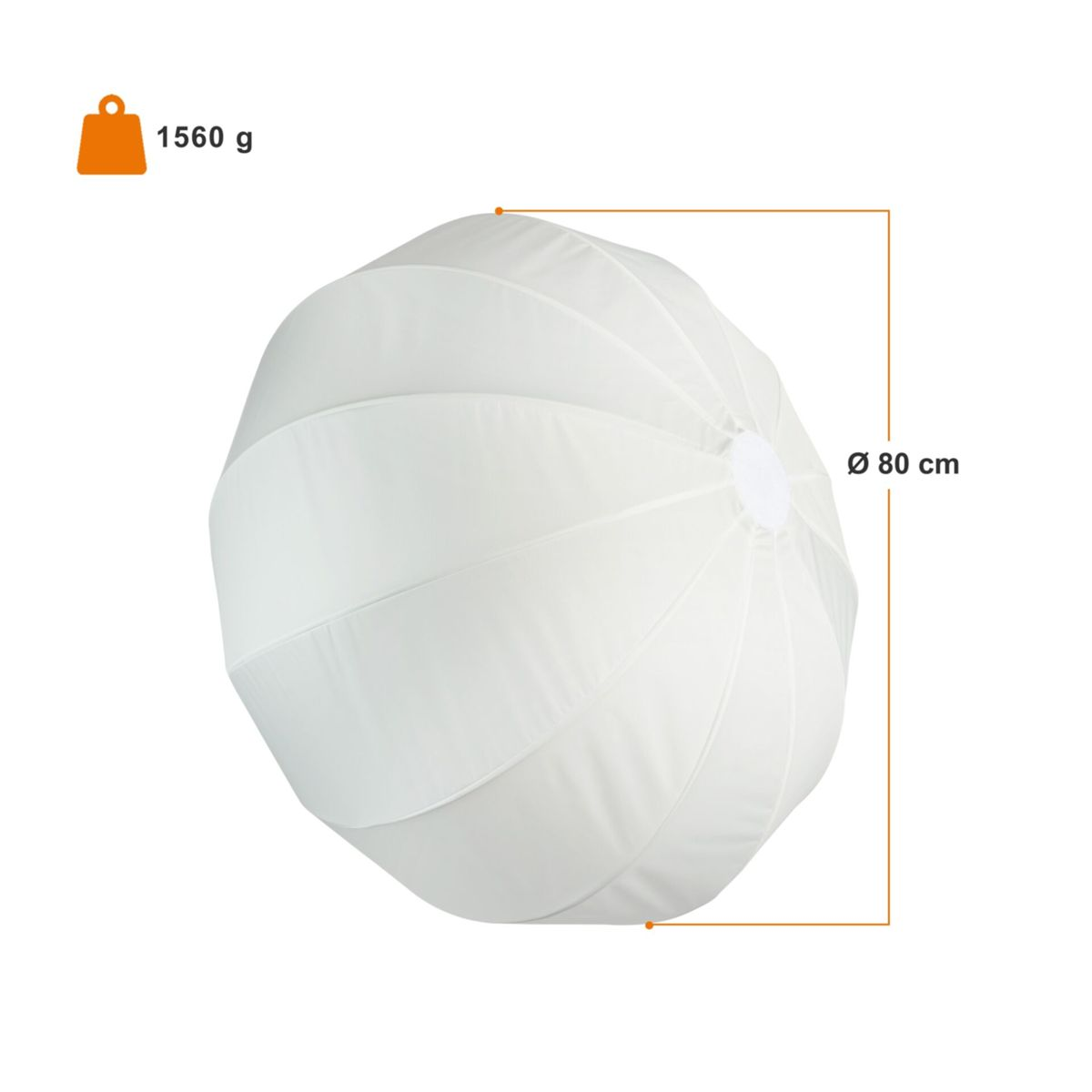 Softbox rotonda bianca, peso e dimensioni sono mostrati. Lo sfondo è bianco.