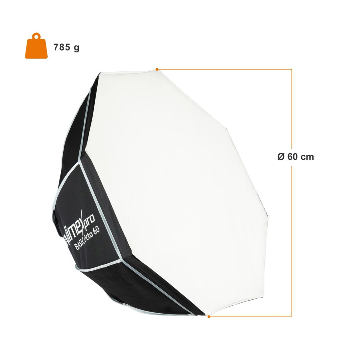 Weiß-schwarze Softbox mit 60 cm Durchmesser. 785 g Gewicht. Weißer Hintergrund.