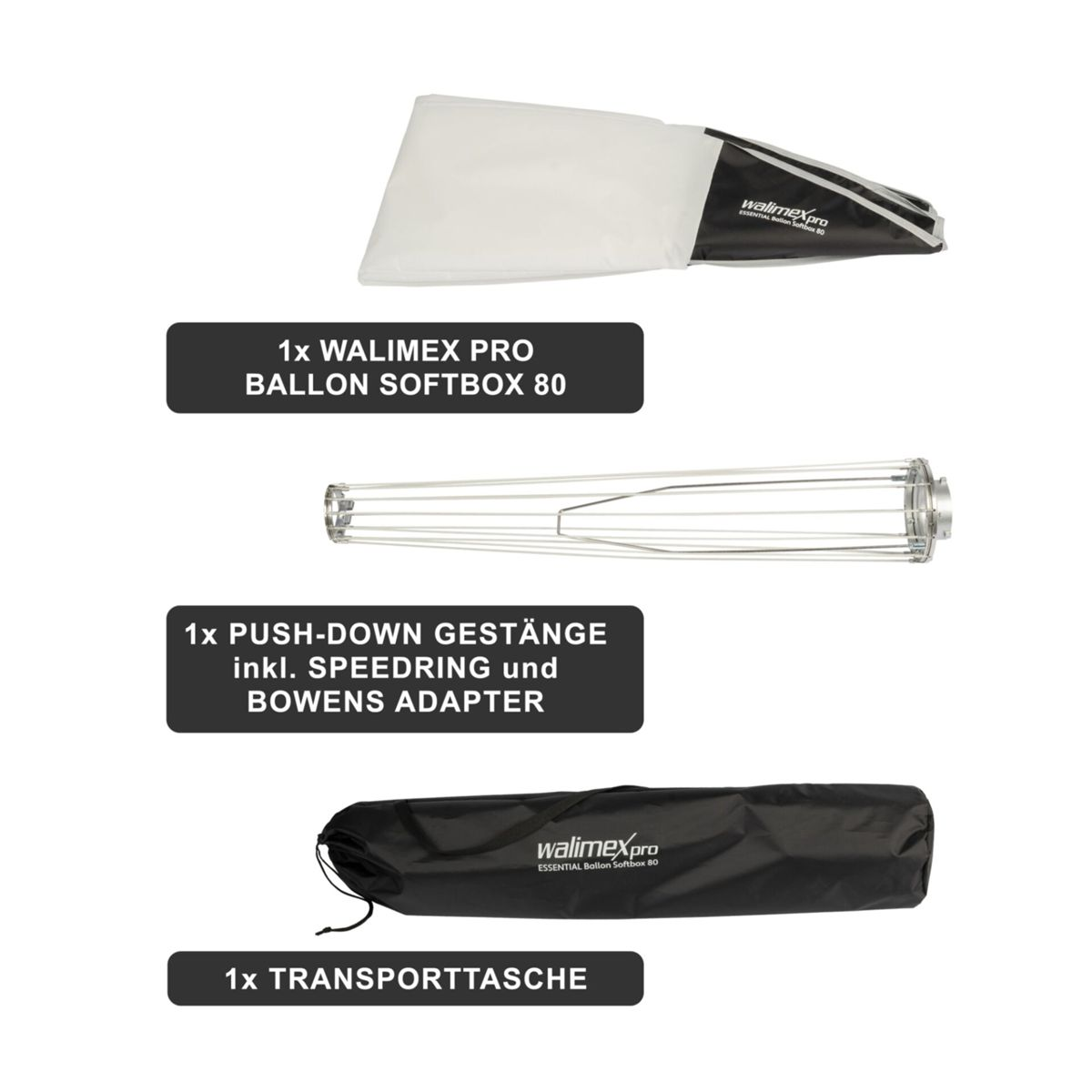 Tre elementi di attrezzatura fotografica. Include un softbox, un telaio e una borsa.