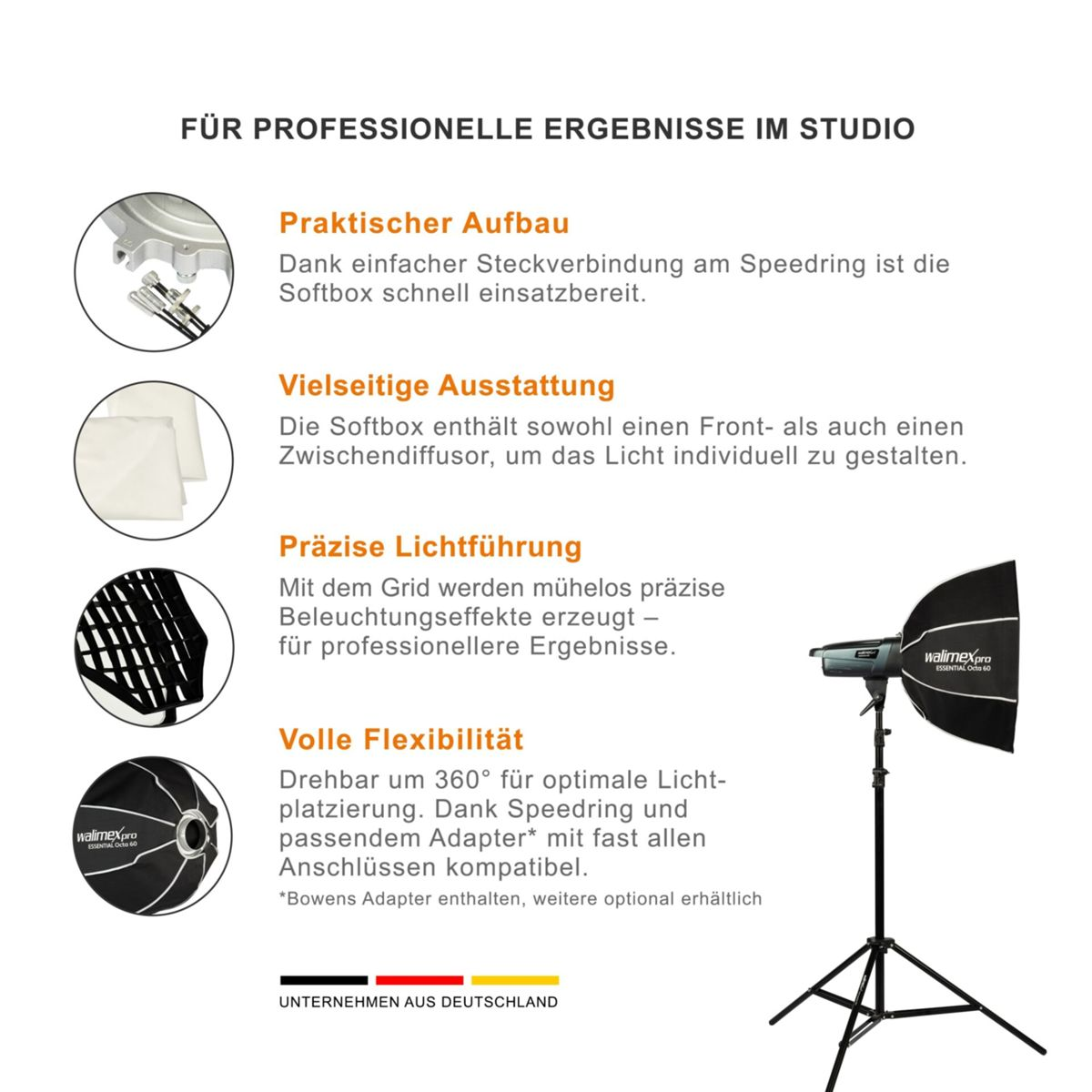 Attrezzatura per illuminazione da studio con testo in tedesco. Include una softbox, una griglia e un supporto.