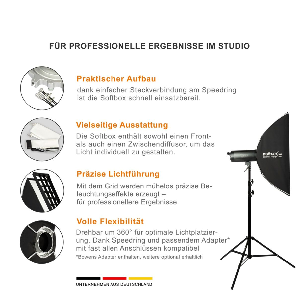 Configurazione di illuminazione professionale da studio con testo in tedesco che descrive le funzioni.