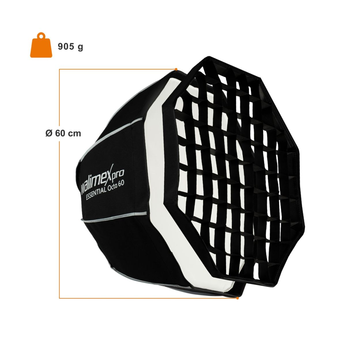 Un softbox ottagonale con una griglia, nero e bianco. Dimensioni: 60 cm di diametro, peso 905 g.