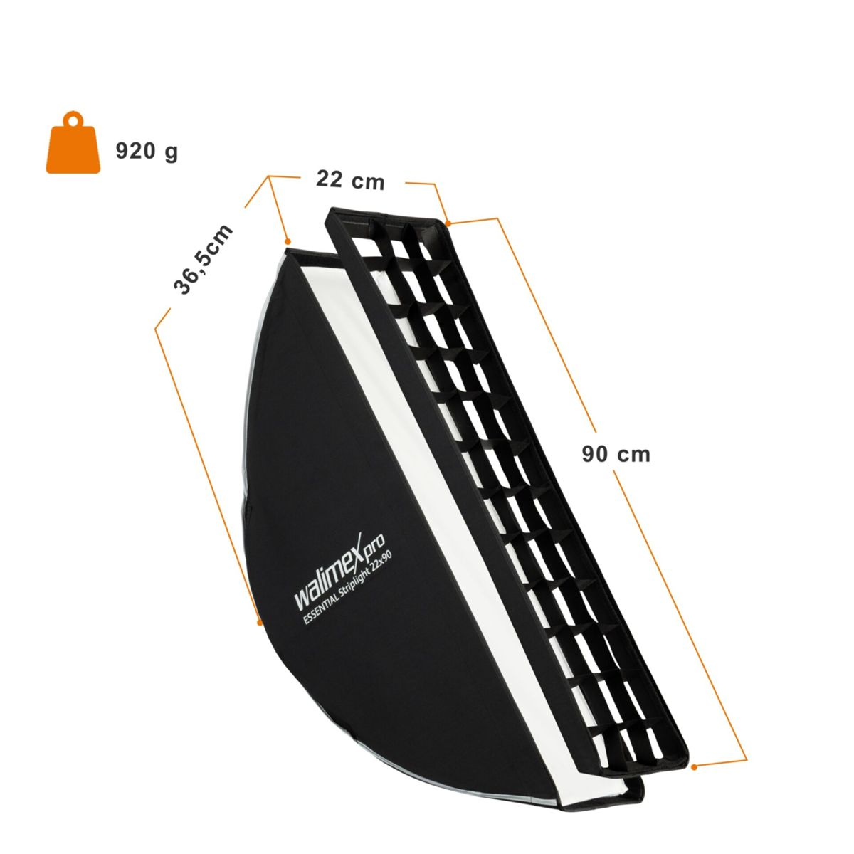 Softbox rettangolare bianco e nero con griglia, dimensioni e peso indicati.